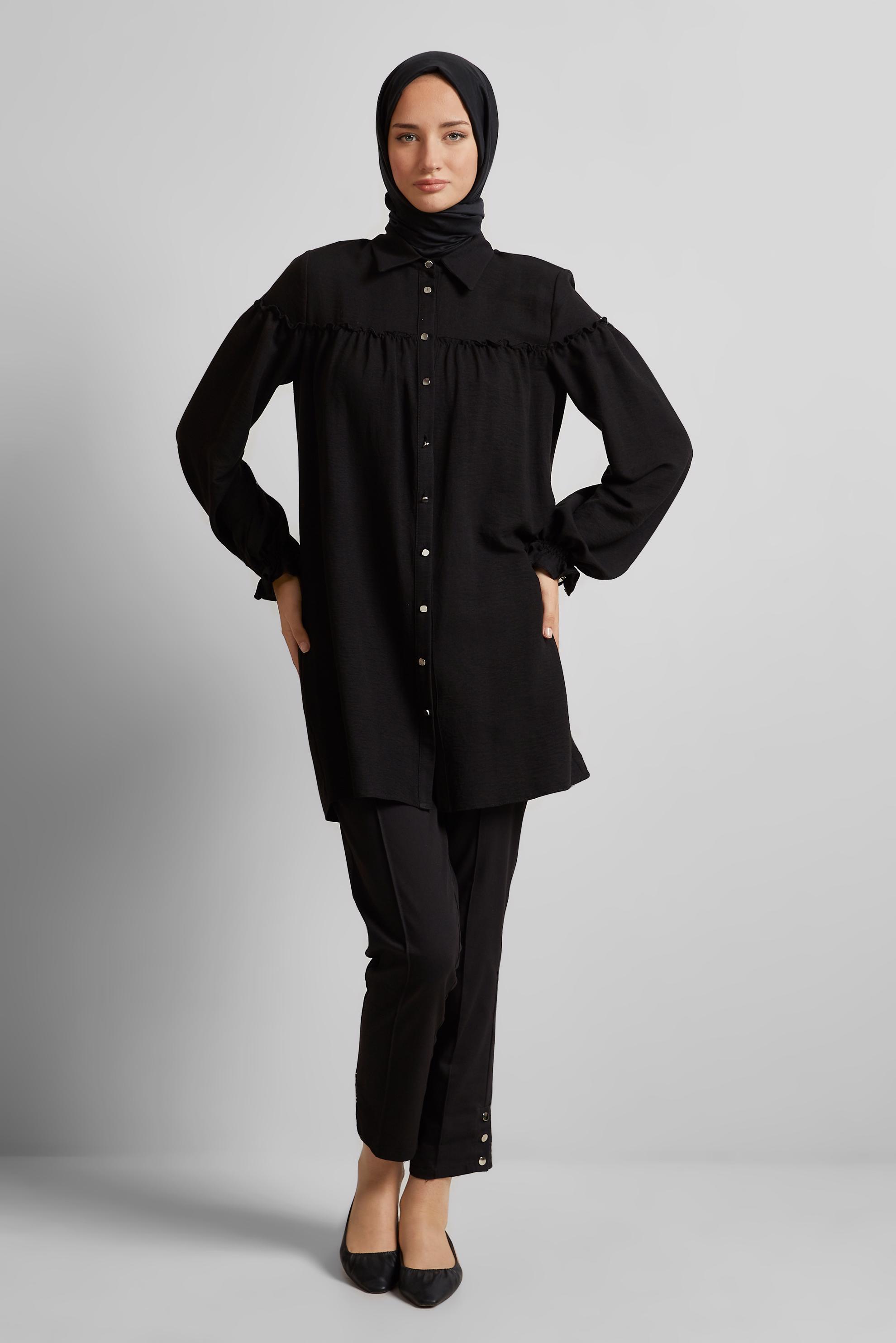 Tesettür giyim SİYAH GÖMLEK YAKA TUNİK 45690