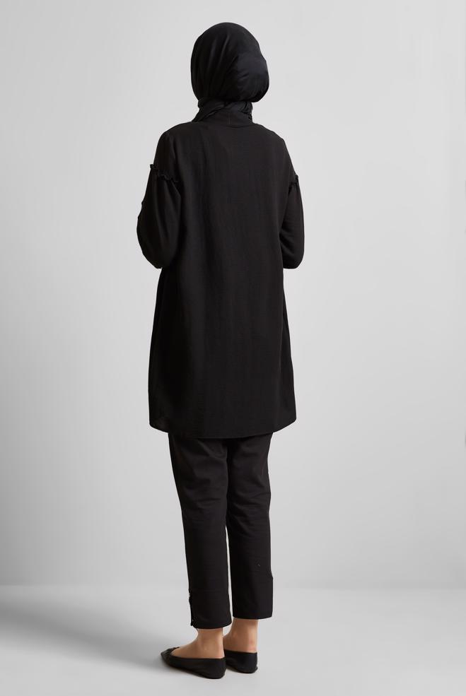 Hijab-Kleidung SCHWARZ HEMDKRAGEN TUNIKA 45690 - ALVİNA
