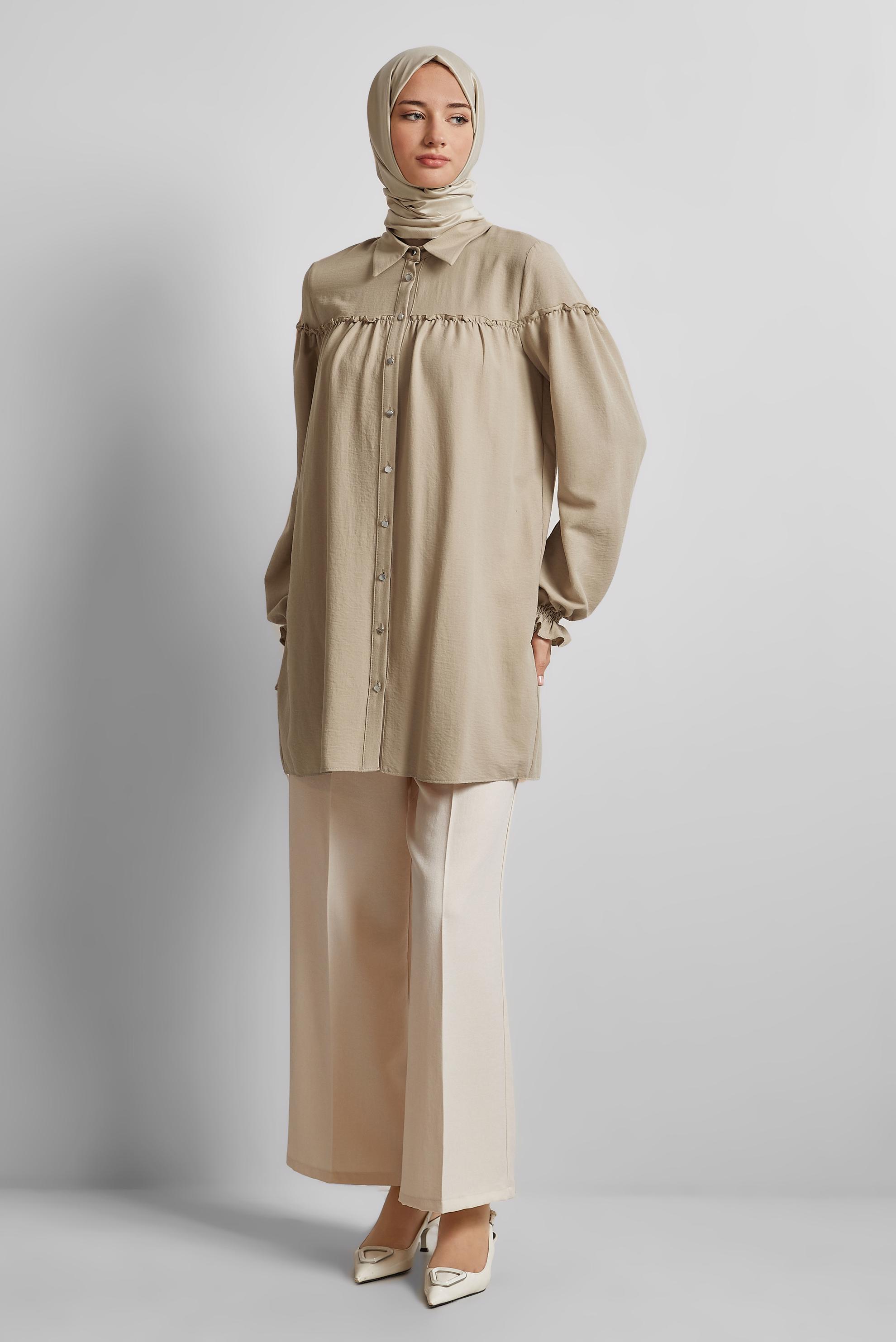 Tesettür giyim KAHVE GÖMLEK YAKA TUNİK 45690