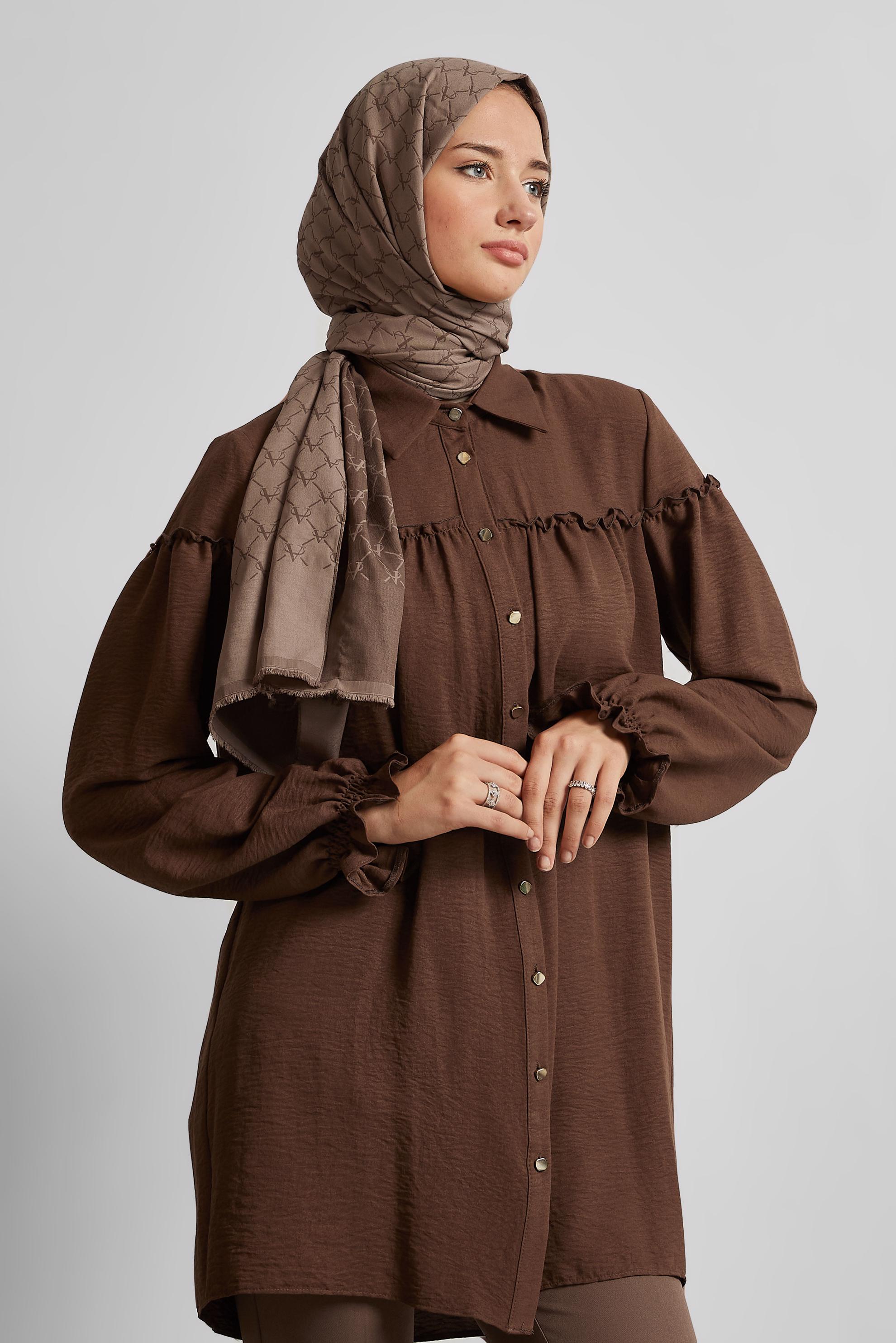 Tesettür giyim KAHVE GÖMLEK YAKA TUNİK 45690