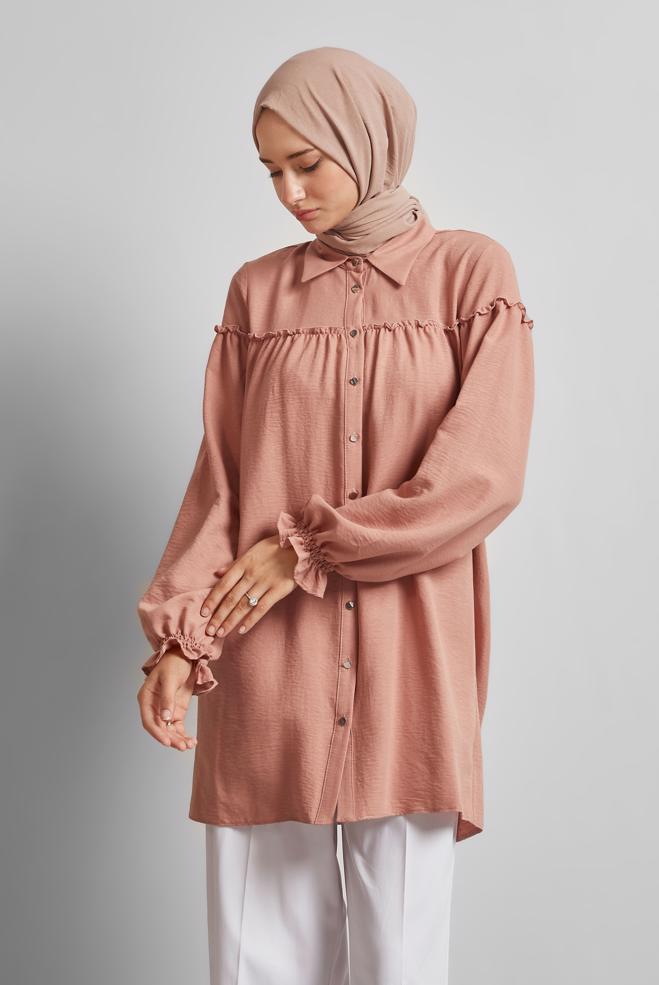 Tesettür giyim PUDRA GÖMLEK YAKA TUNİK 45690 - ALVİNA