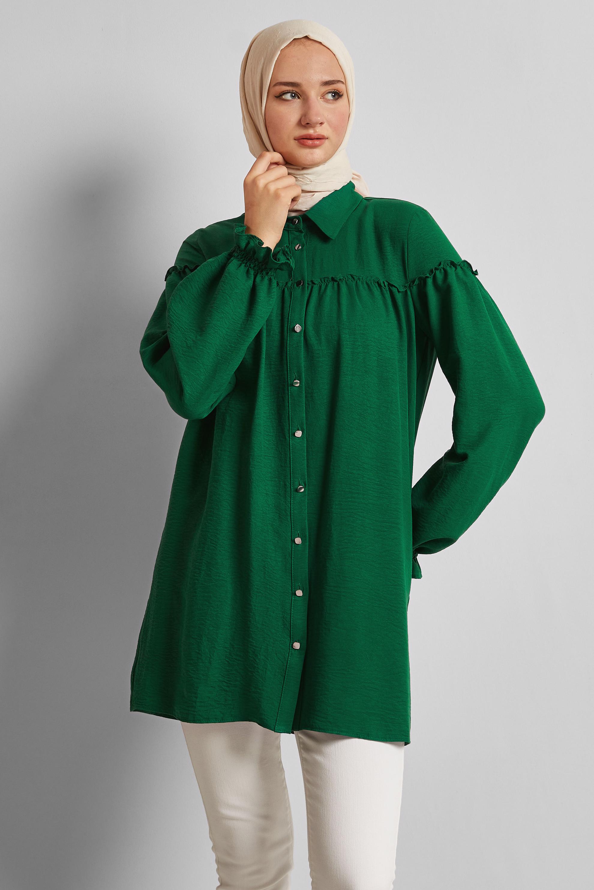 Tesettür giyim YEŞİL GÖMLEK YAKA TUNİK 45690