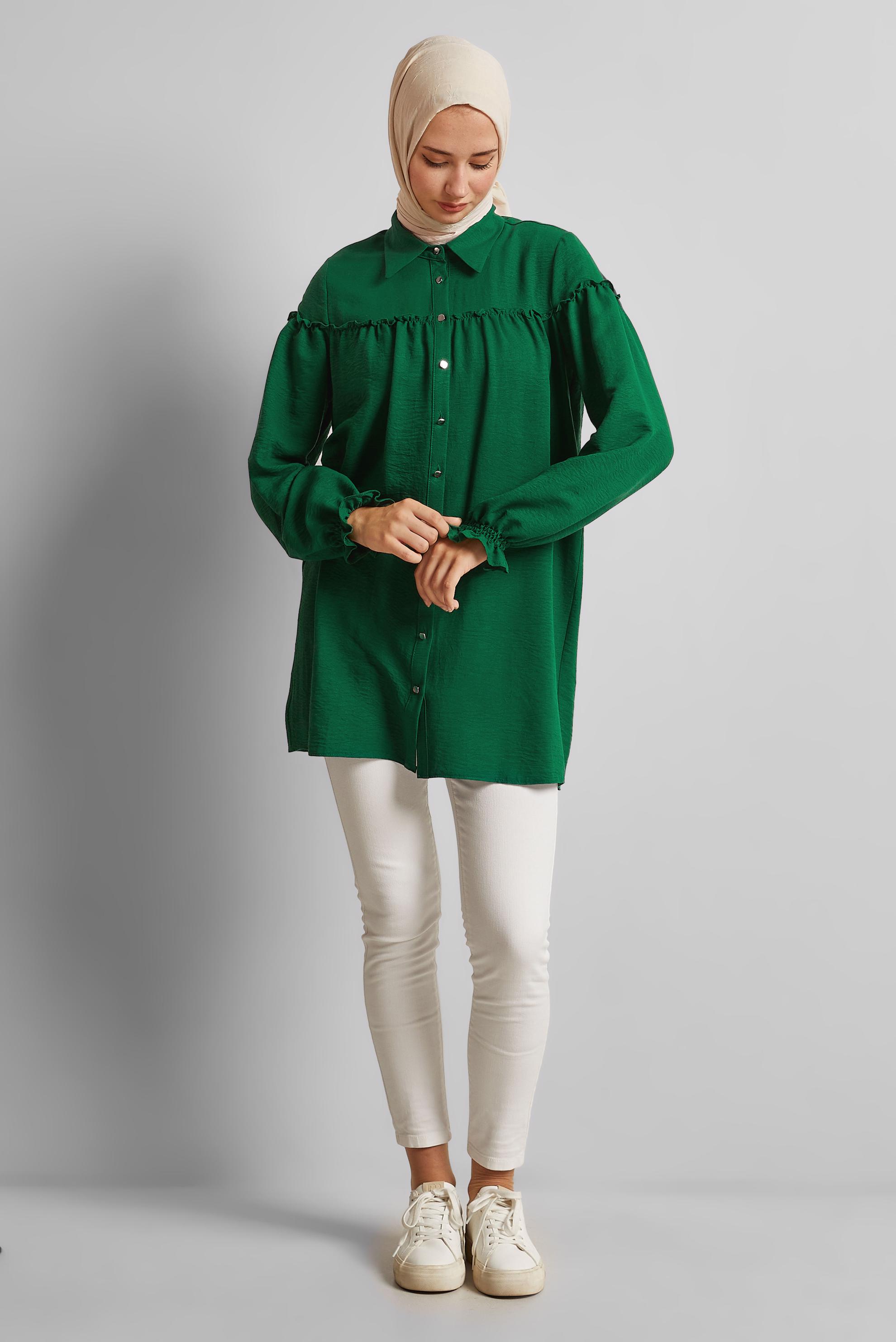 Tesettür giyim YEŞİL GÖMLEK YAKA TUNİK 45690