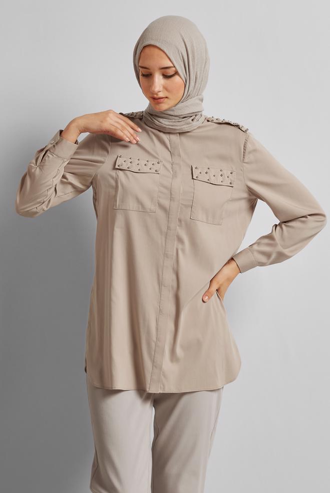 Vêtements hijab BEIGE TUNIQUE PERLÉE 45703 - ALVİNA