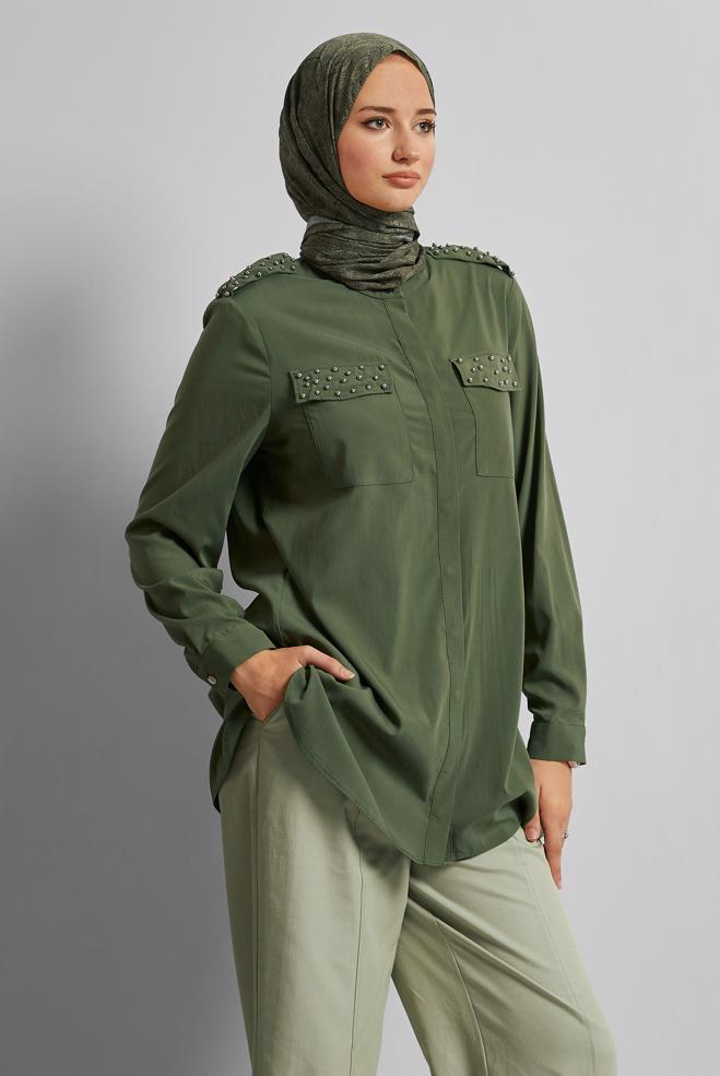Vêtements hijab KAKI TUNIQUE PERLÉE 45703 - ALVİNA