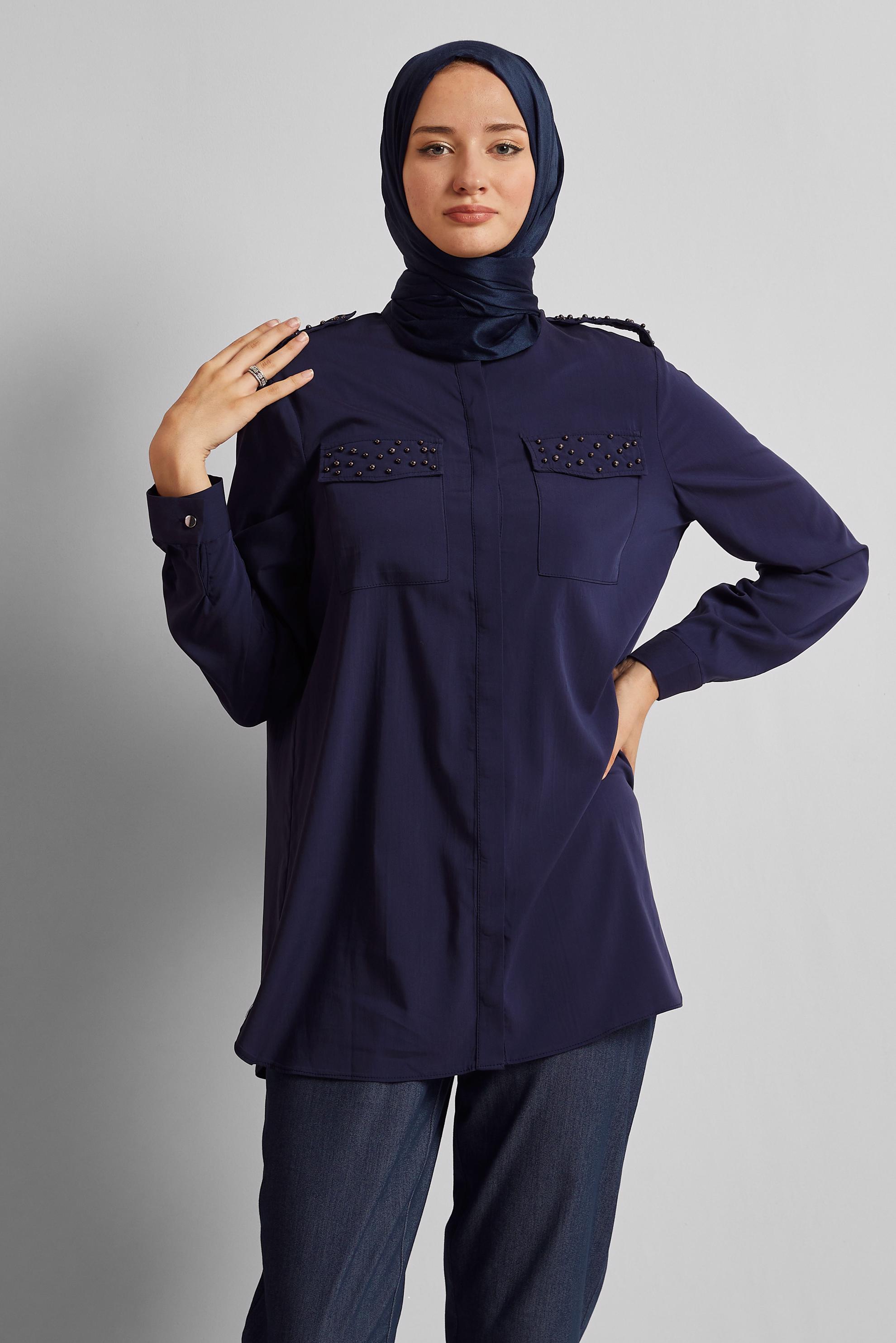 Vêtements hijab BLEU MARINE TUNIQUE PERLÉE 45703
