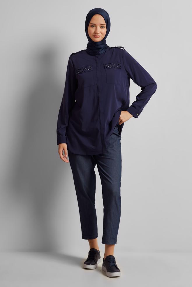 Vêtements hijab BLEU MARINE TUNIQUE PERLÉE 45703 - ALVİNA