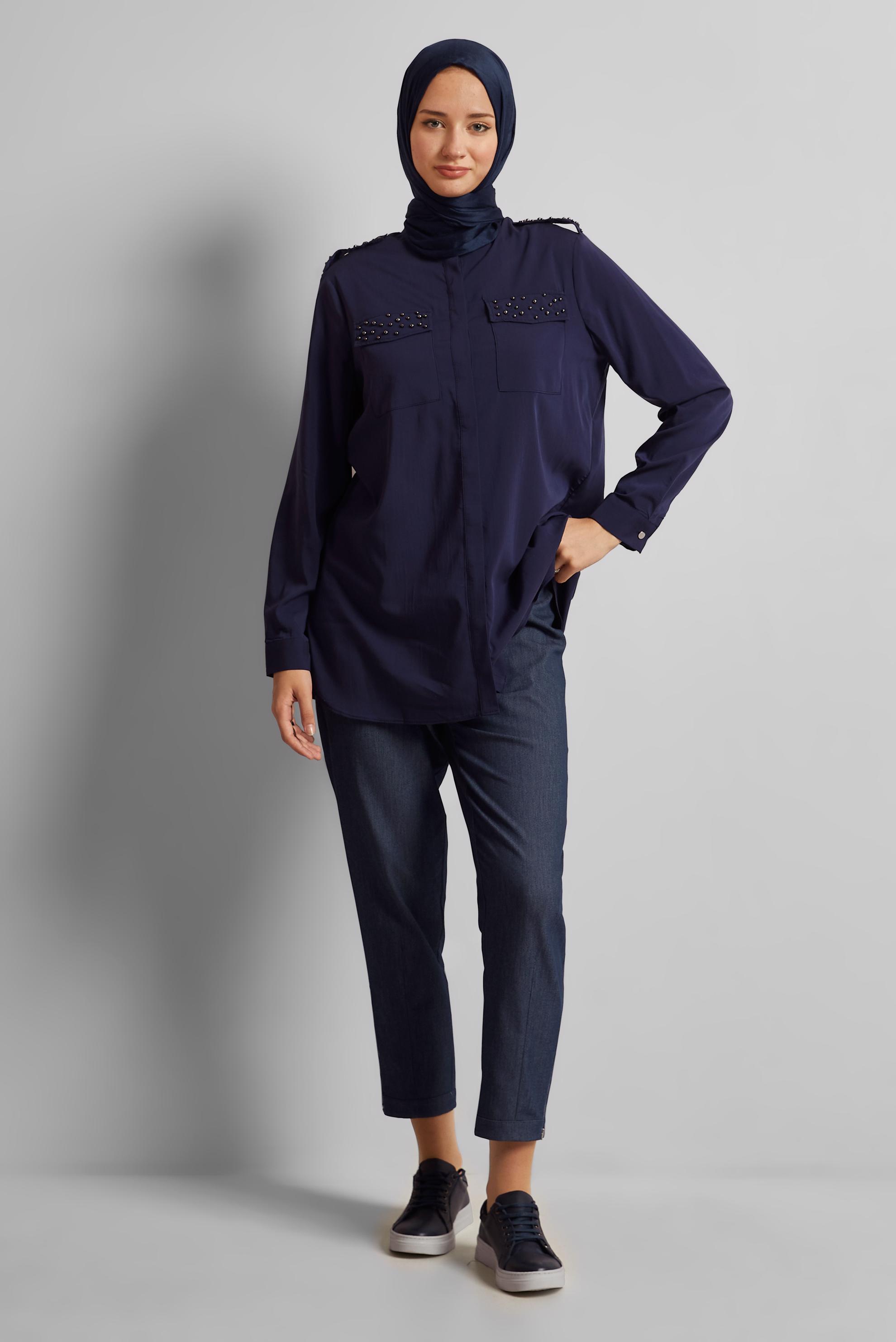 Vêtements hijab BLEU MARINE TUNIQUE PERLÉE 45703