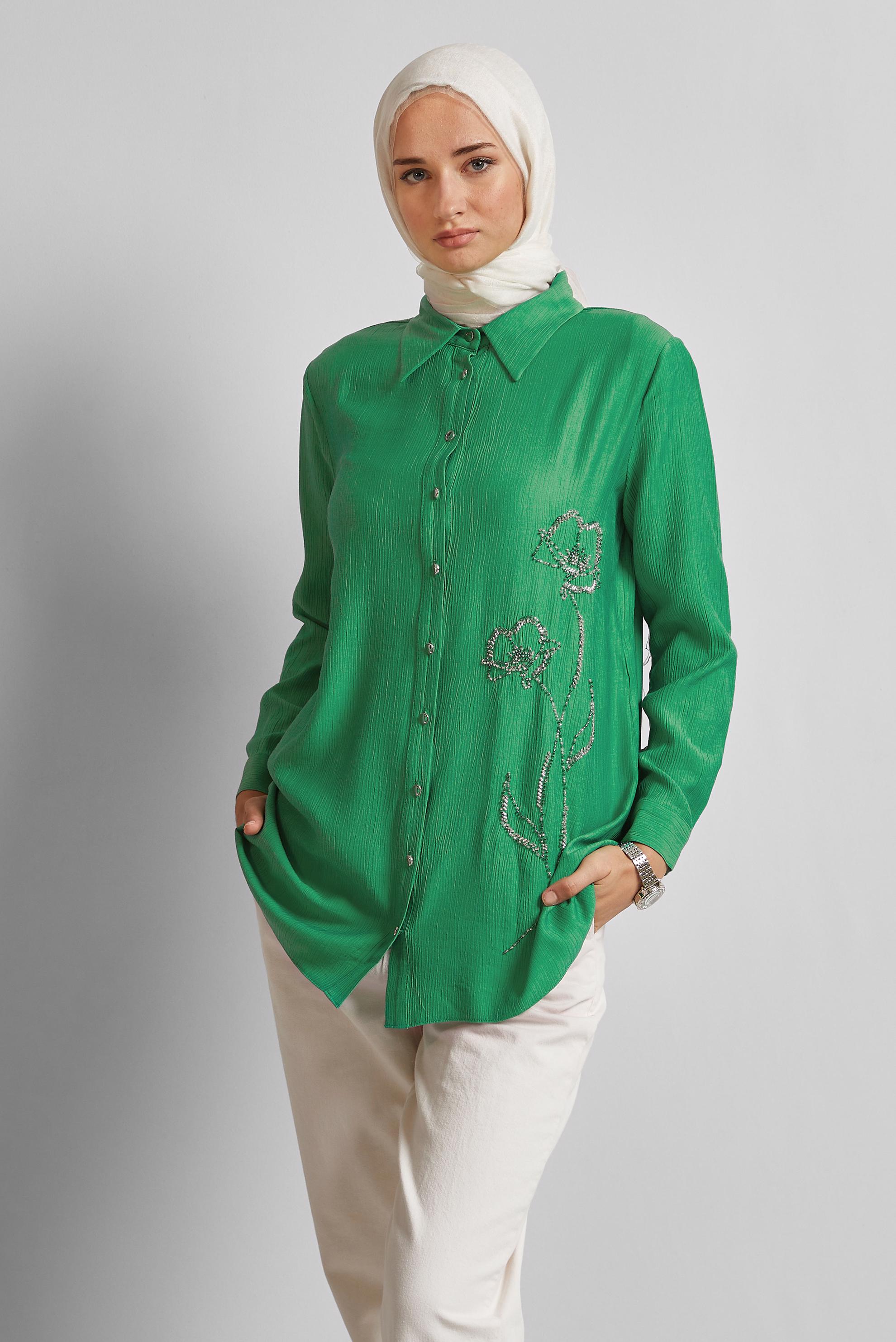 Tesettür giyim YEŞİL BONCUK İŞLEMELİ TUNİK 45709