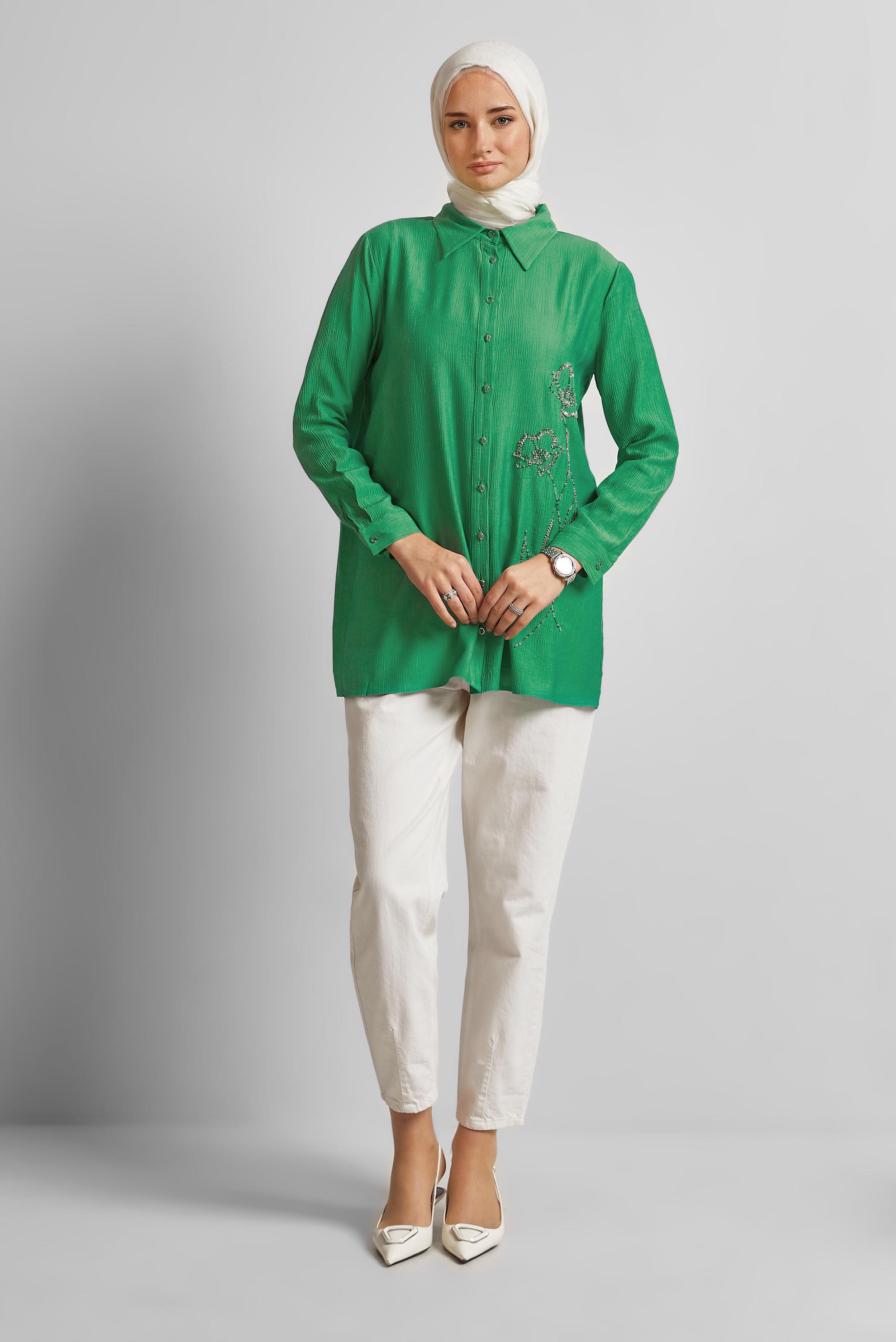 Tesettür giyim YEŞİL BONCUK İŞLEMELİ TUNİK 45709