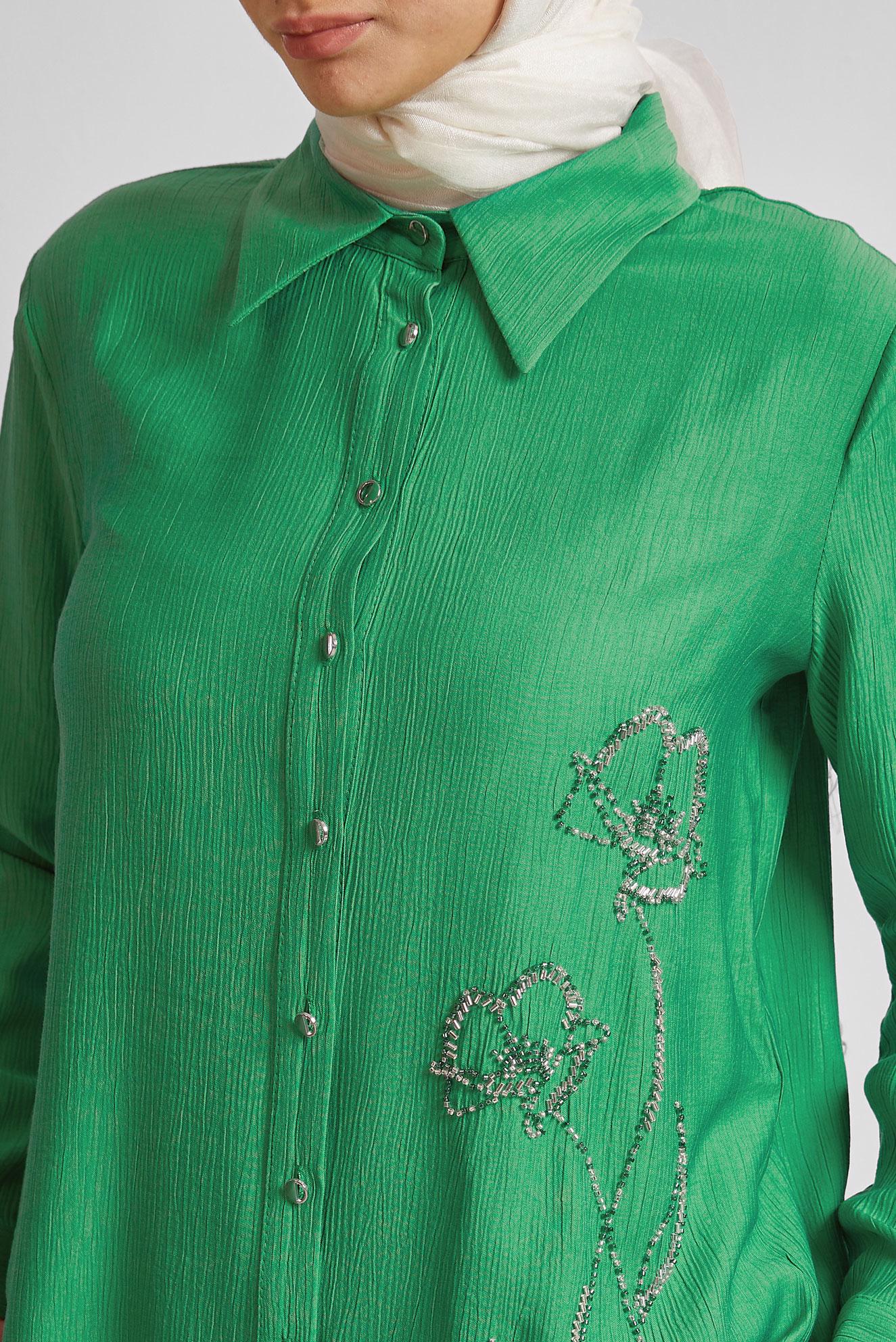 Tesettür giyim YEŞİL BONCUK İŞLEMELİ TUNİK 45709