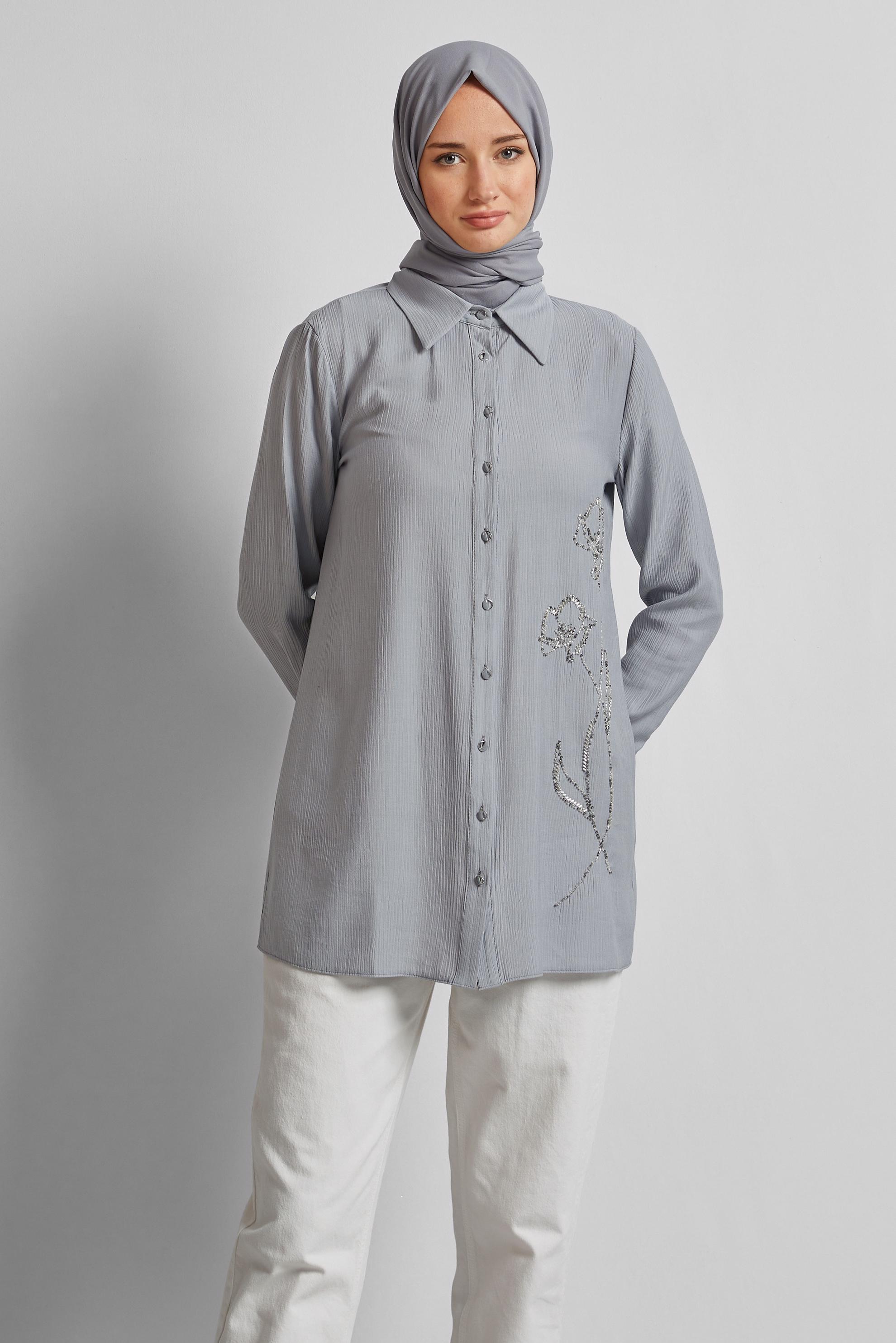 Tesettür giyim GRİ BONCUK İŞLEMELİ TUNİK 45709