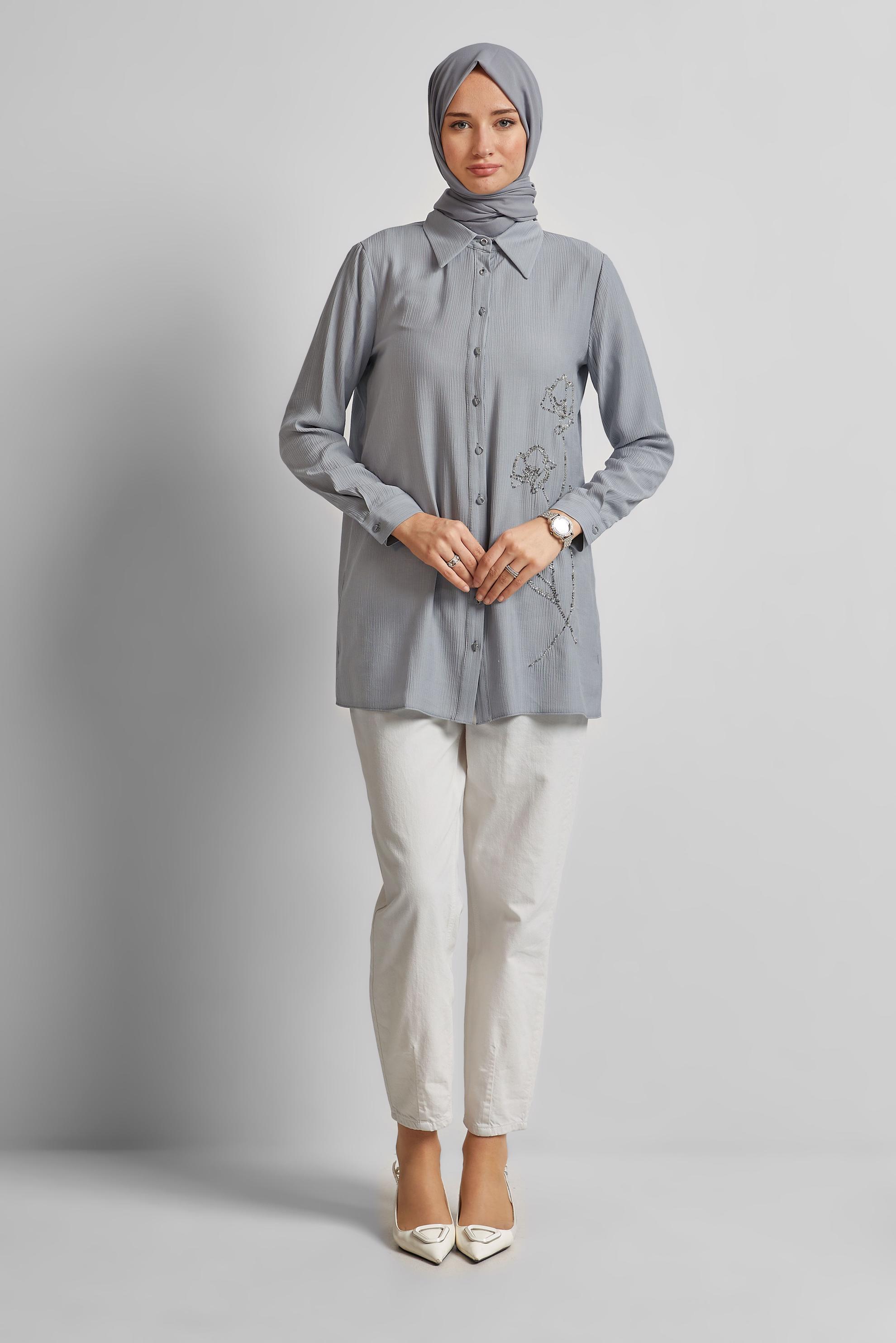 Tesettür giyim GRİ BONCUK İŞLEMELİ TUNİK 45709