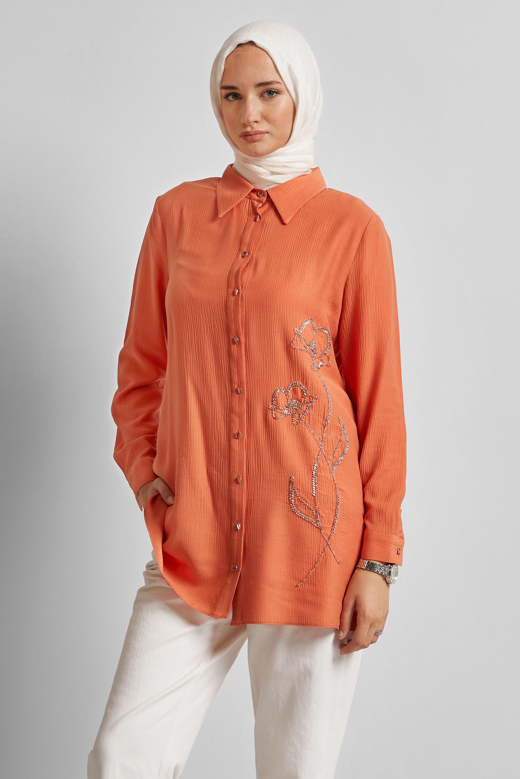 Tesettür giyim TURUNCU BONCUK İŞLEMELİ TUNİK 45709