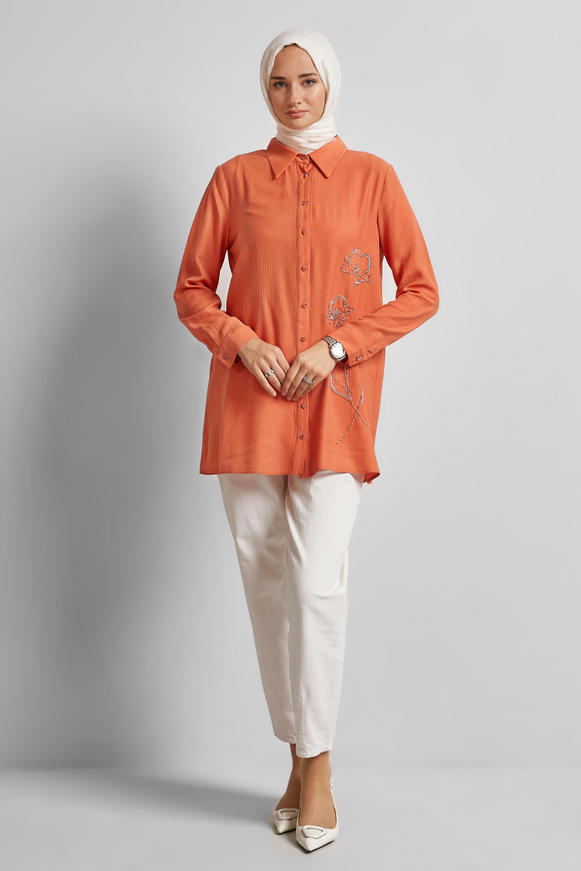 Tesettür giyim TURUNCU BONCUK İŞLEMELİ TUNİK 45709