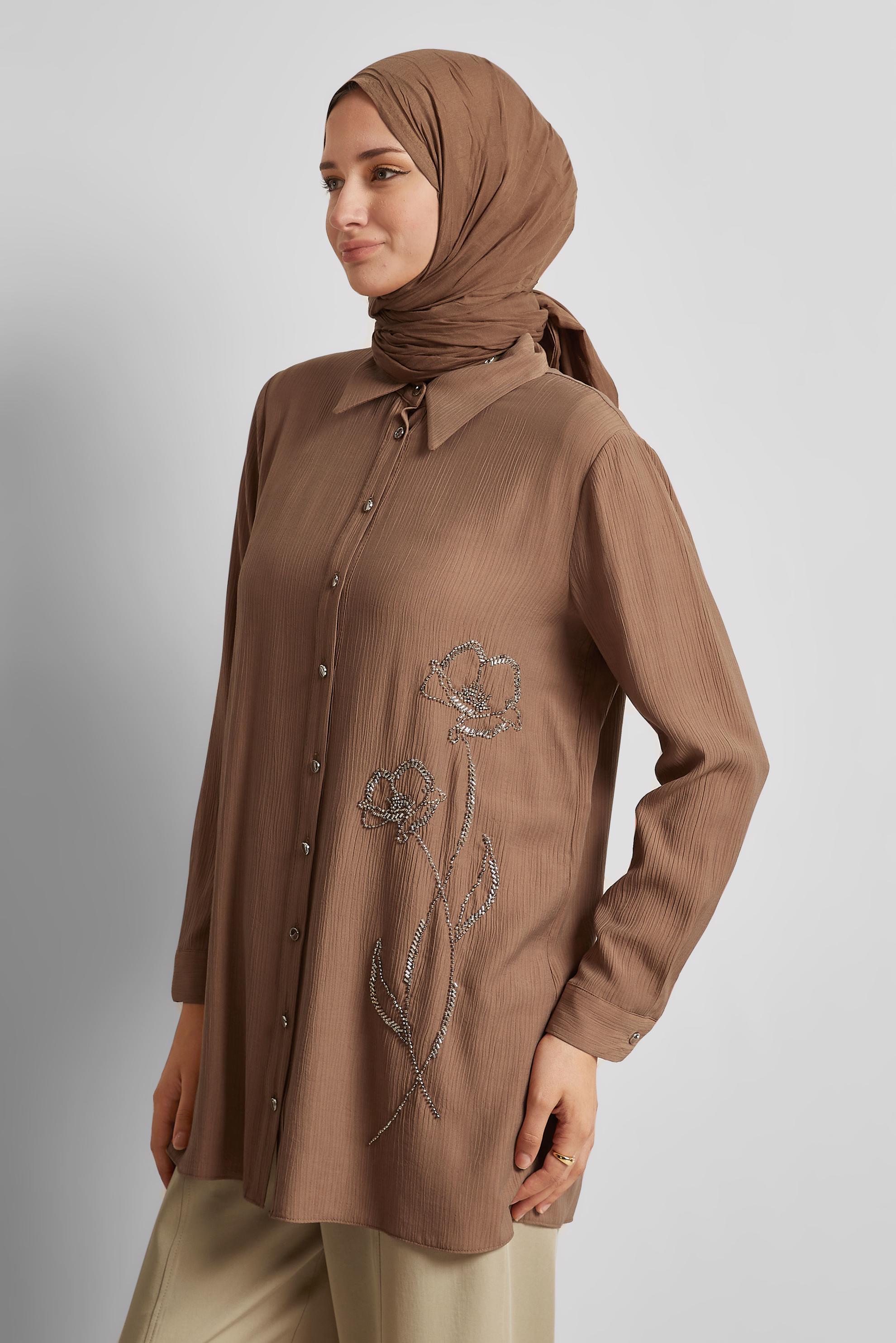 Tesettür giyim KAHVE BONCUK İŞLEMELİ TUNİK 45709