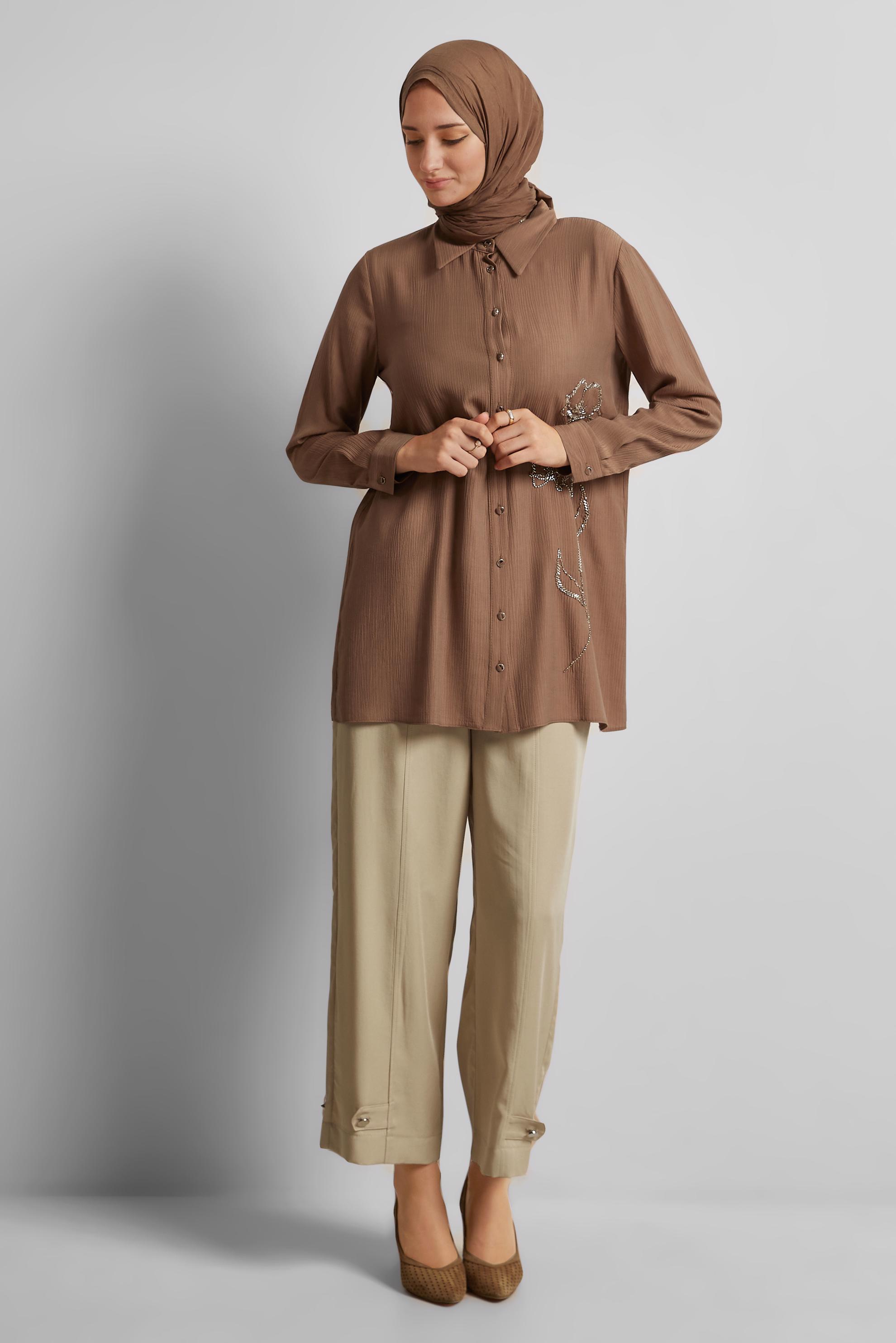 Tesettür giyim KAHVE BONCUK İŞLEMELİ TUNİK 45709