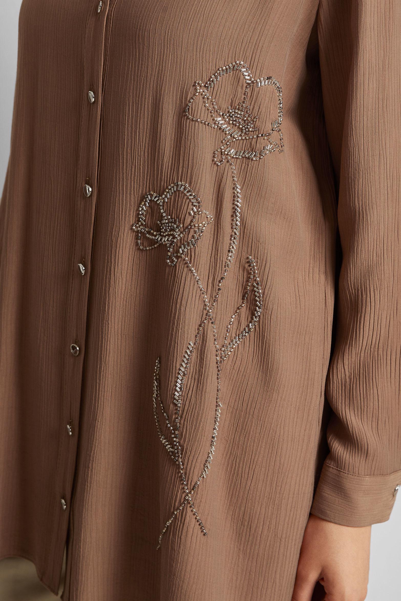 Tesettür giyim KAHVE BONCUK İŞLEMELİ TUNİK 45709