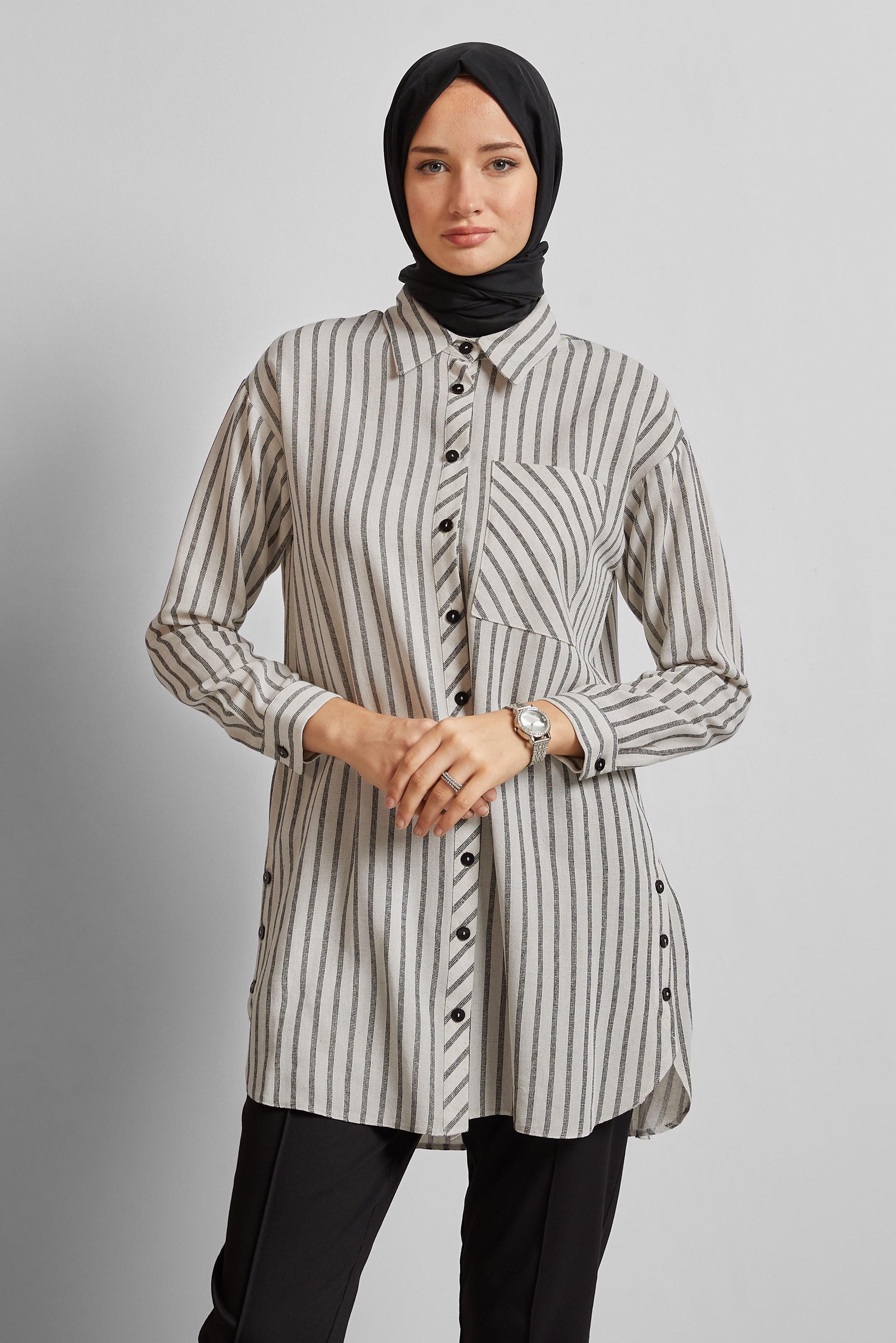 Tesettür giyim SİYAH ÇİZGİLİ KETEN TUNİK 45714