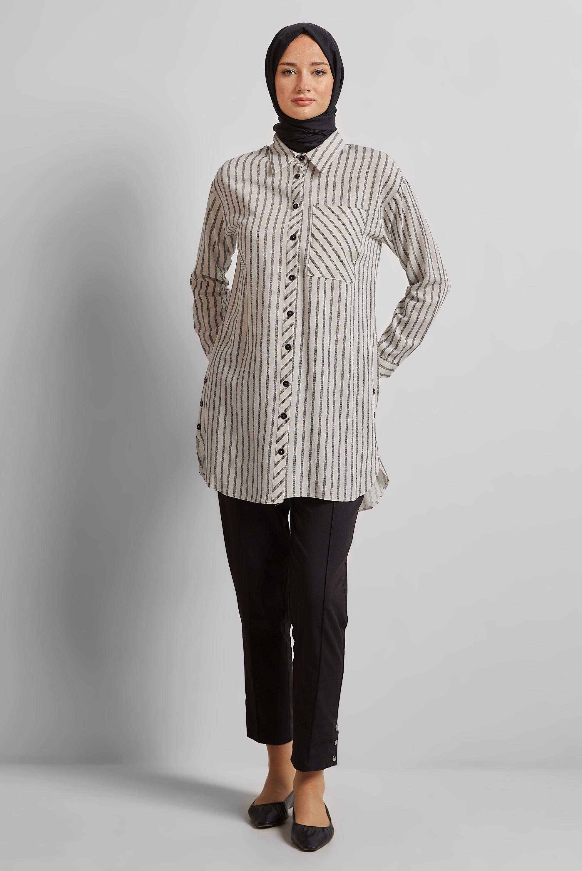Tesettür giyim SİYAH ÇİZGİLİ KETEN TUNİK 45714
