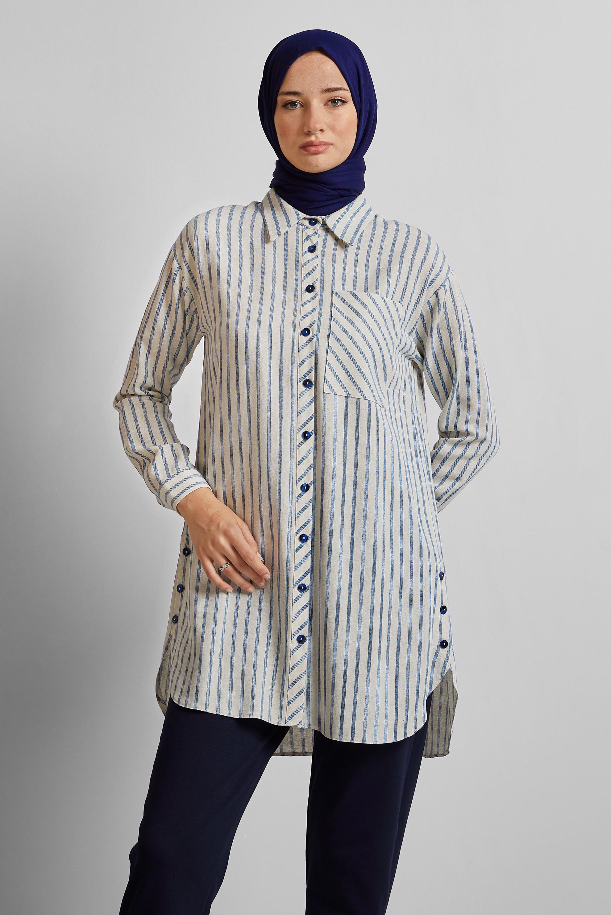 Tesettür giyim LACİVERT ÇİZGİLİ KETEN TUNİK 45714