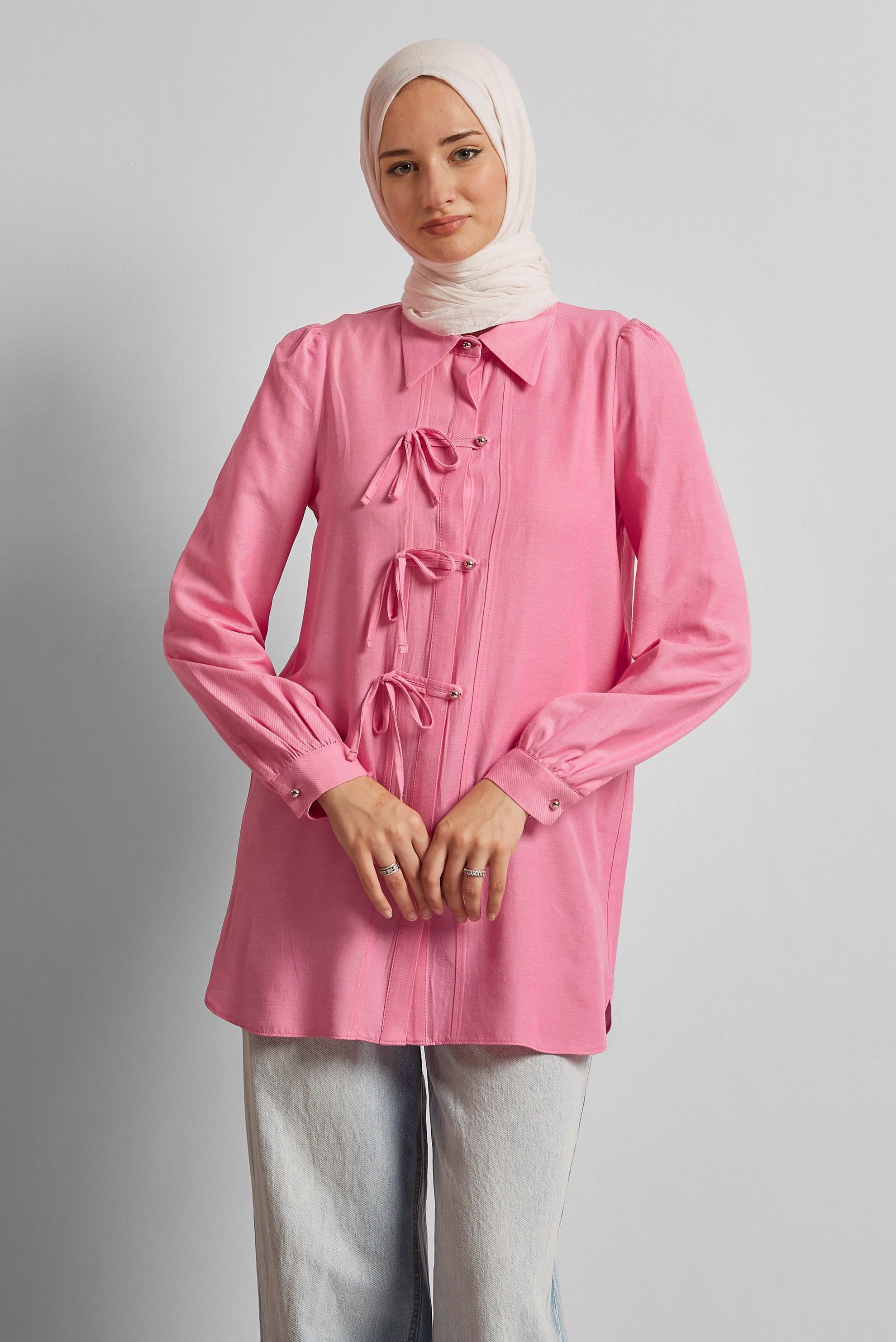 Tesettür giyim PEMBE KETEN AYROBİN TUNİK 45716