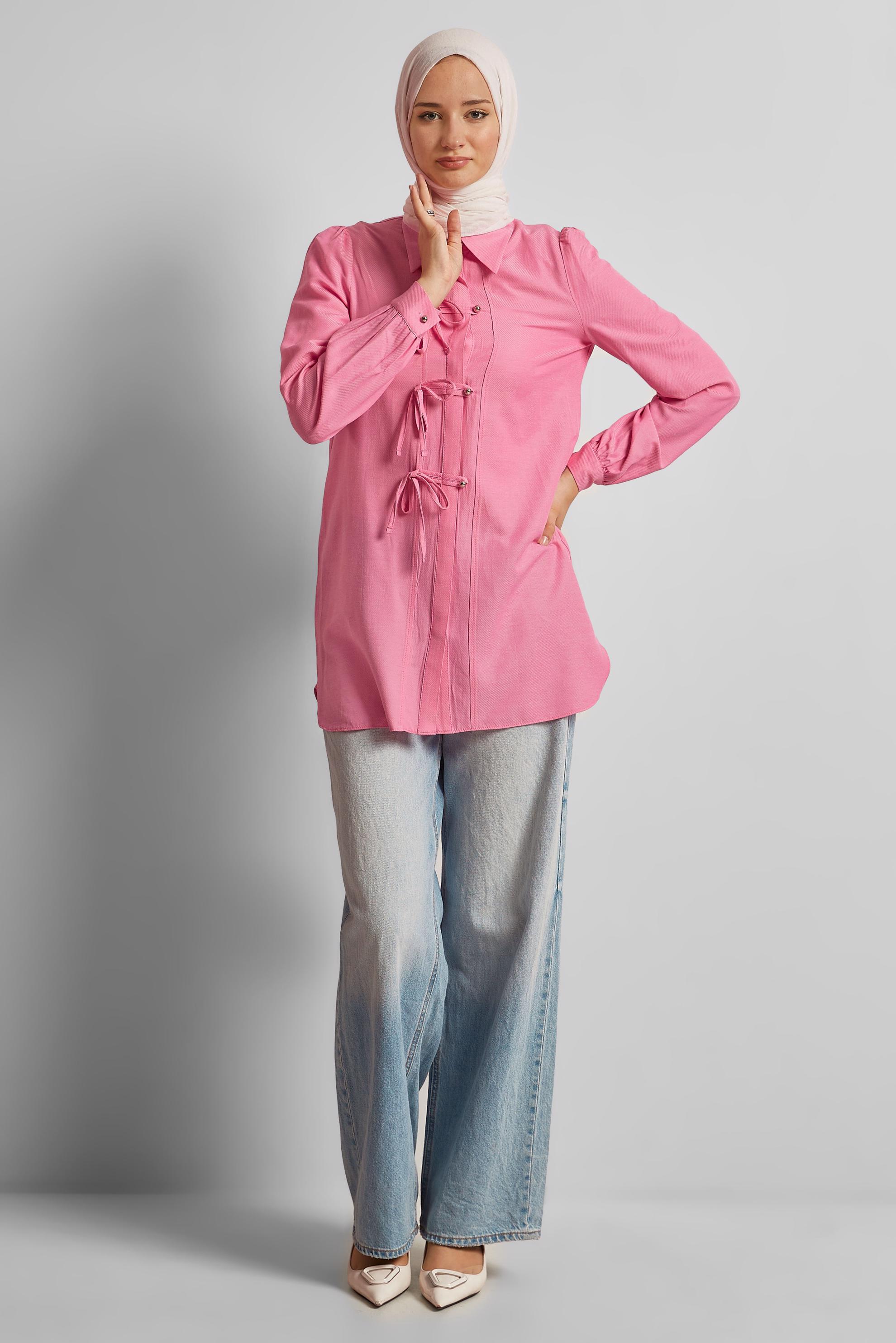 Tesettür giyim PEMBE KETEN AYROBİN TUNİK 45716