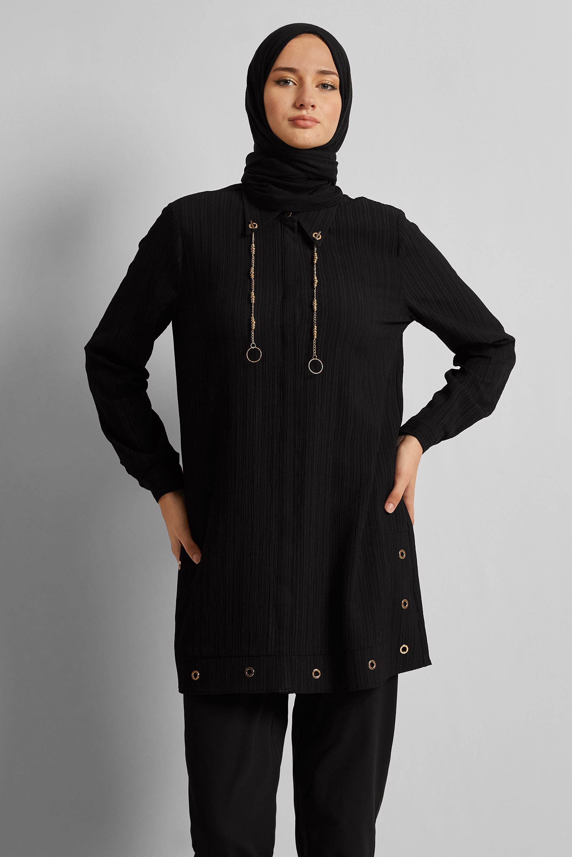 Tesettür giyim SİYAH ZİNCİR DETAYLI TUNİK 45722