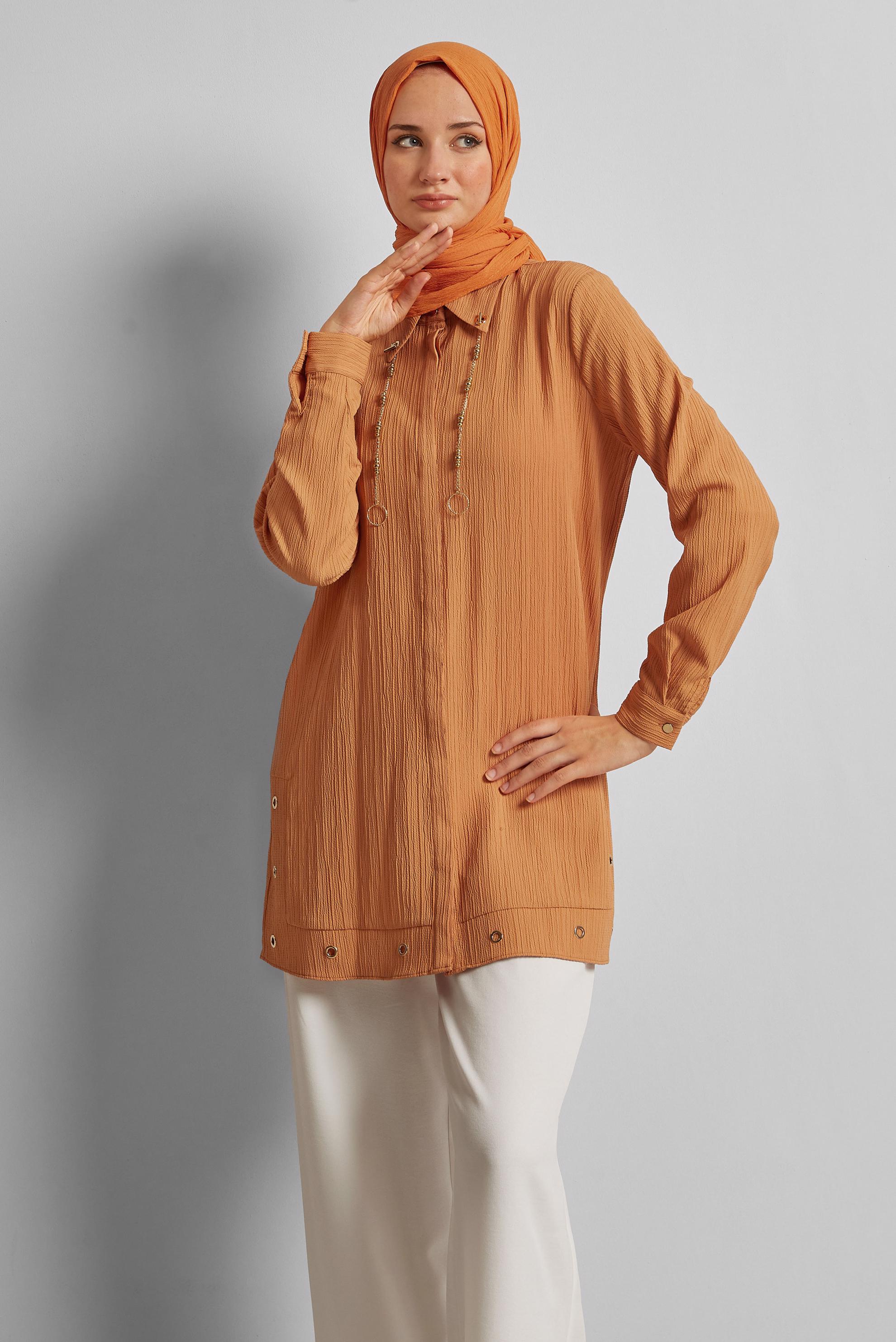 Tesettür giyim TURUNCU ZİNCİR DETAYLI TUNİK 45722