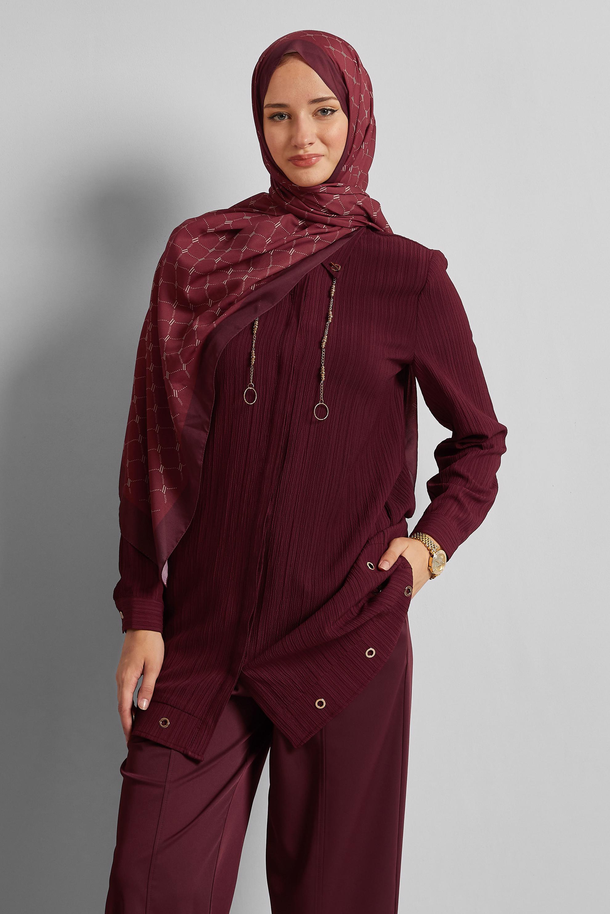 Tesettür giyim BORDO ZİNCİR DETAYLI TUNİK 45722