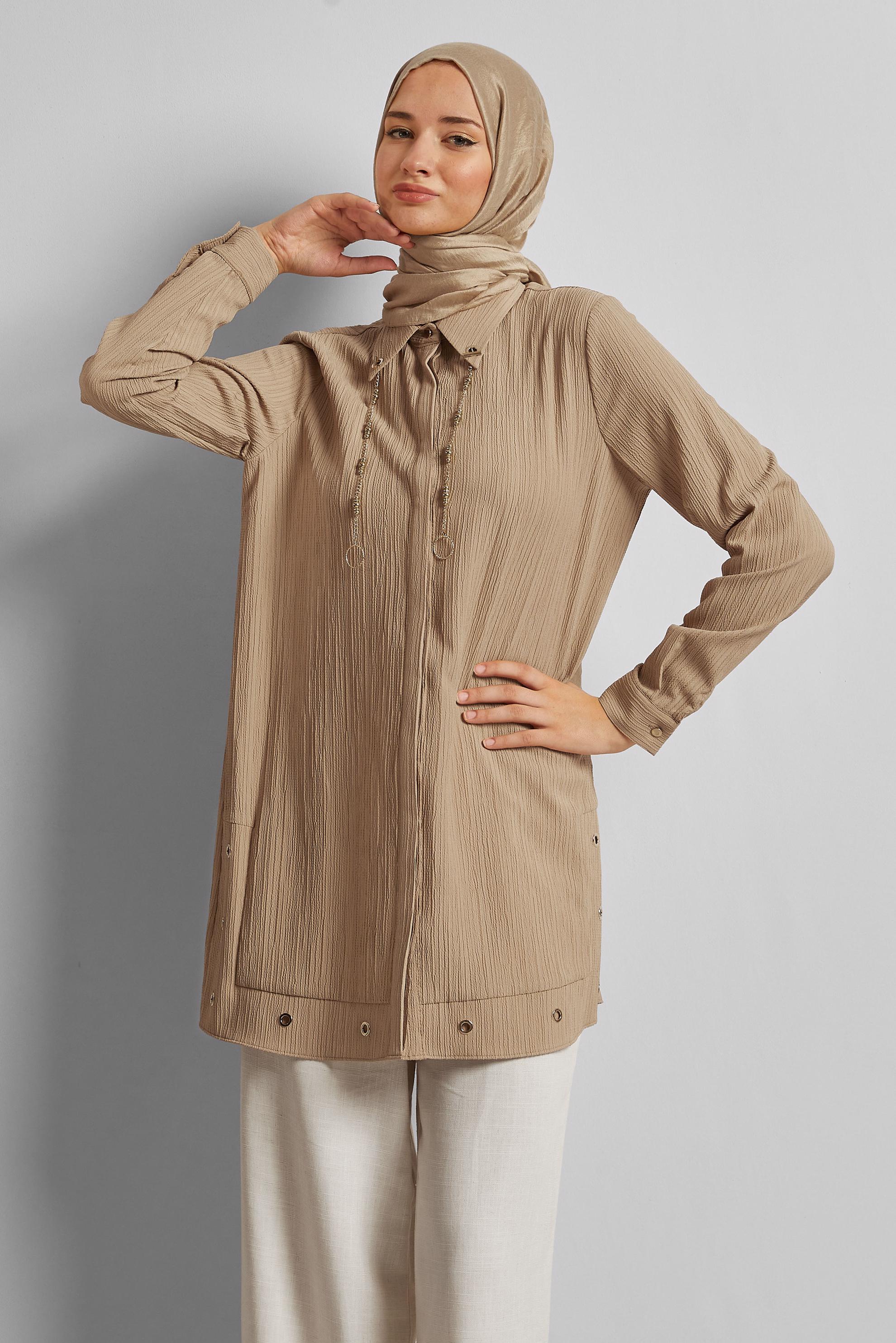 Tesettür giyim KAHVE ZİNCİR DETAYLI TUNİK 45722