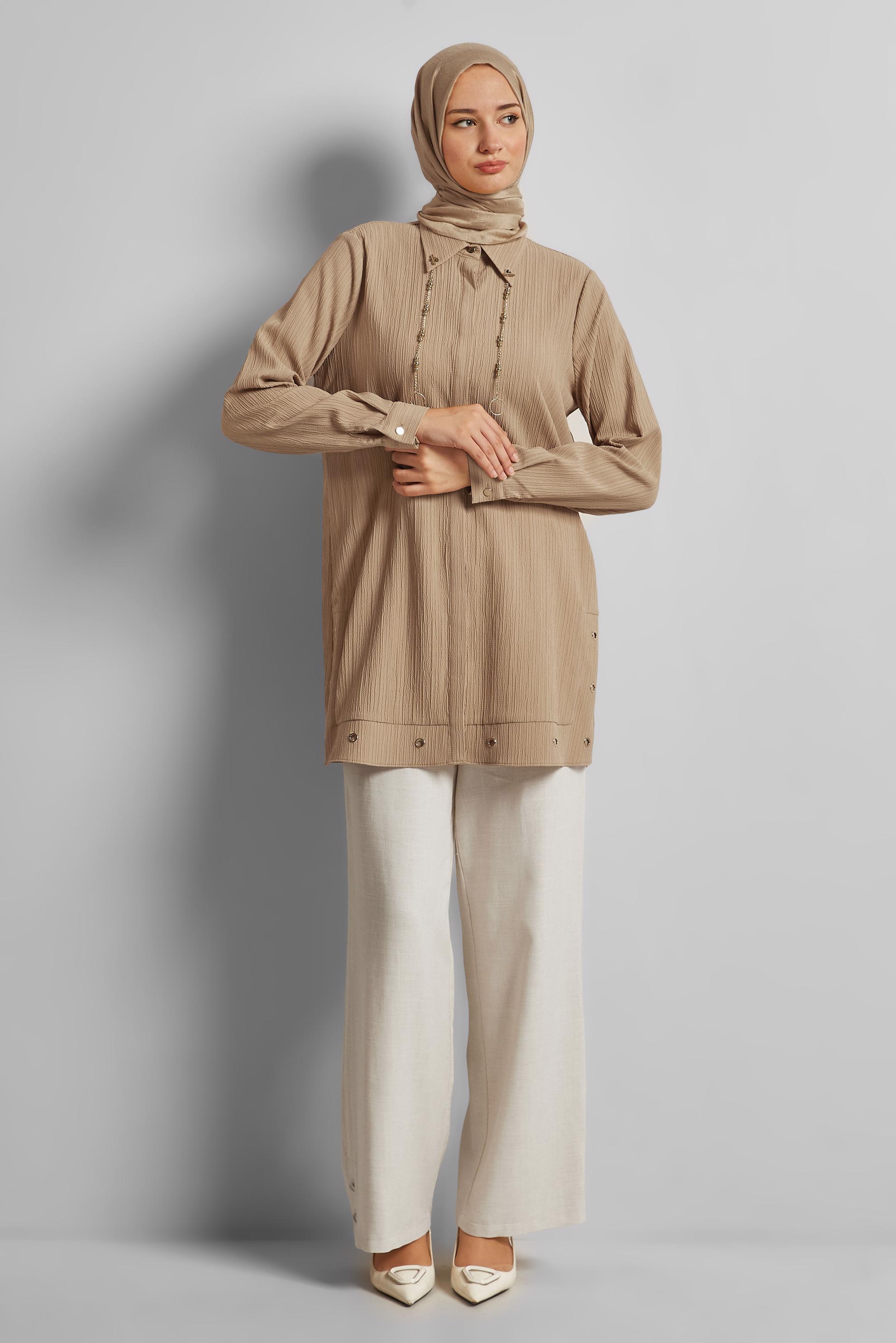 Tesettür giyim KAHVE ZİNCİR DETAYLI TUNİK 45722