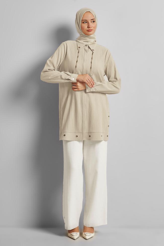 Vêtements hijab BEIGE TUNIQUE DÉTAILLÉE DE CHAÎNE 45722 - ALVİNA