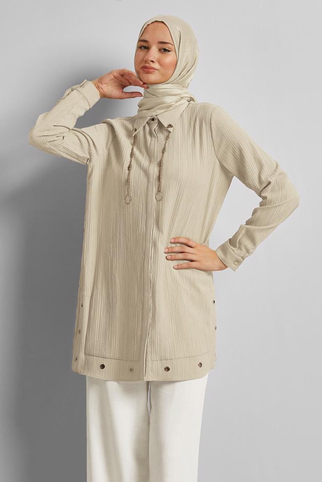 Vêtements hijab BEIGE TUNIQUE DÉTAILLÉE DE CHAÎNE 45722 - ALVİNA