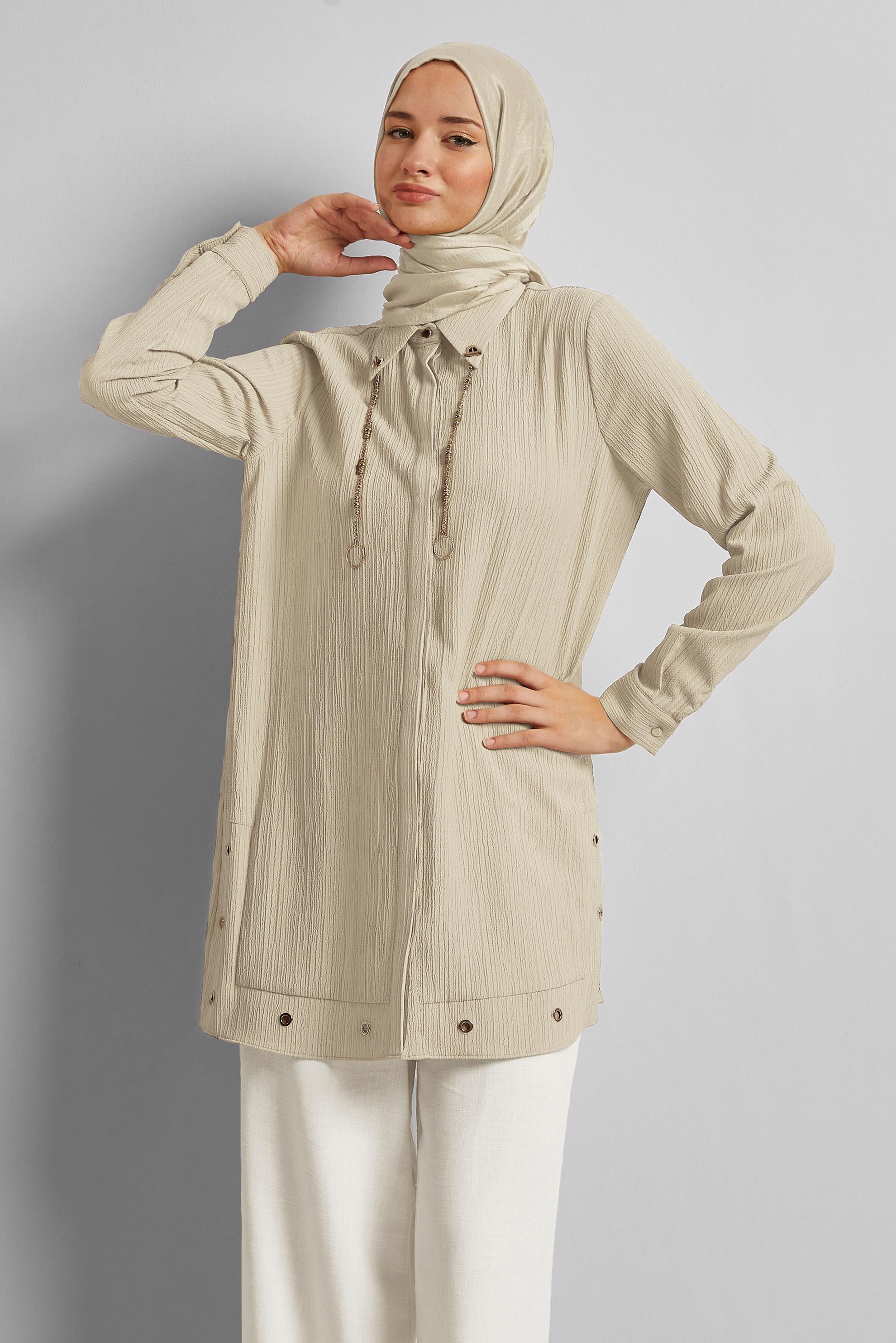 Vêtements hijab BEIGE TUNIQUE DÉTAILLÉE DE CHAÎNE 45722