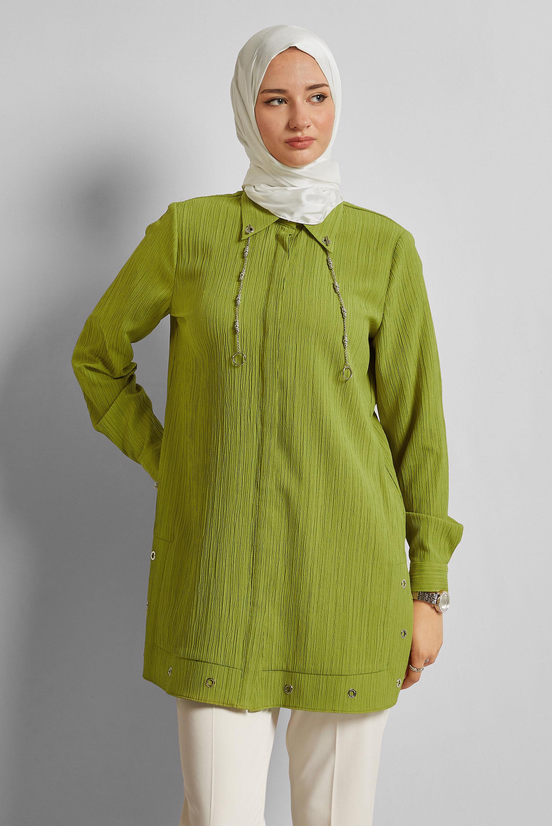 Tesettür giyim YEŞİL ZİNCİR DETAYLI TUNİK 45722