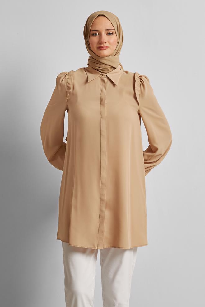 Vêtements hijab BEIGE TUNIQUE COL CHEMISE 45723 - ALVİNA