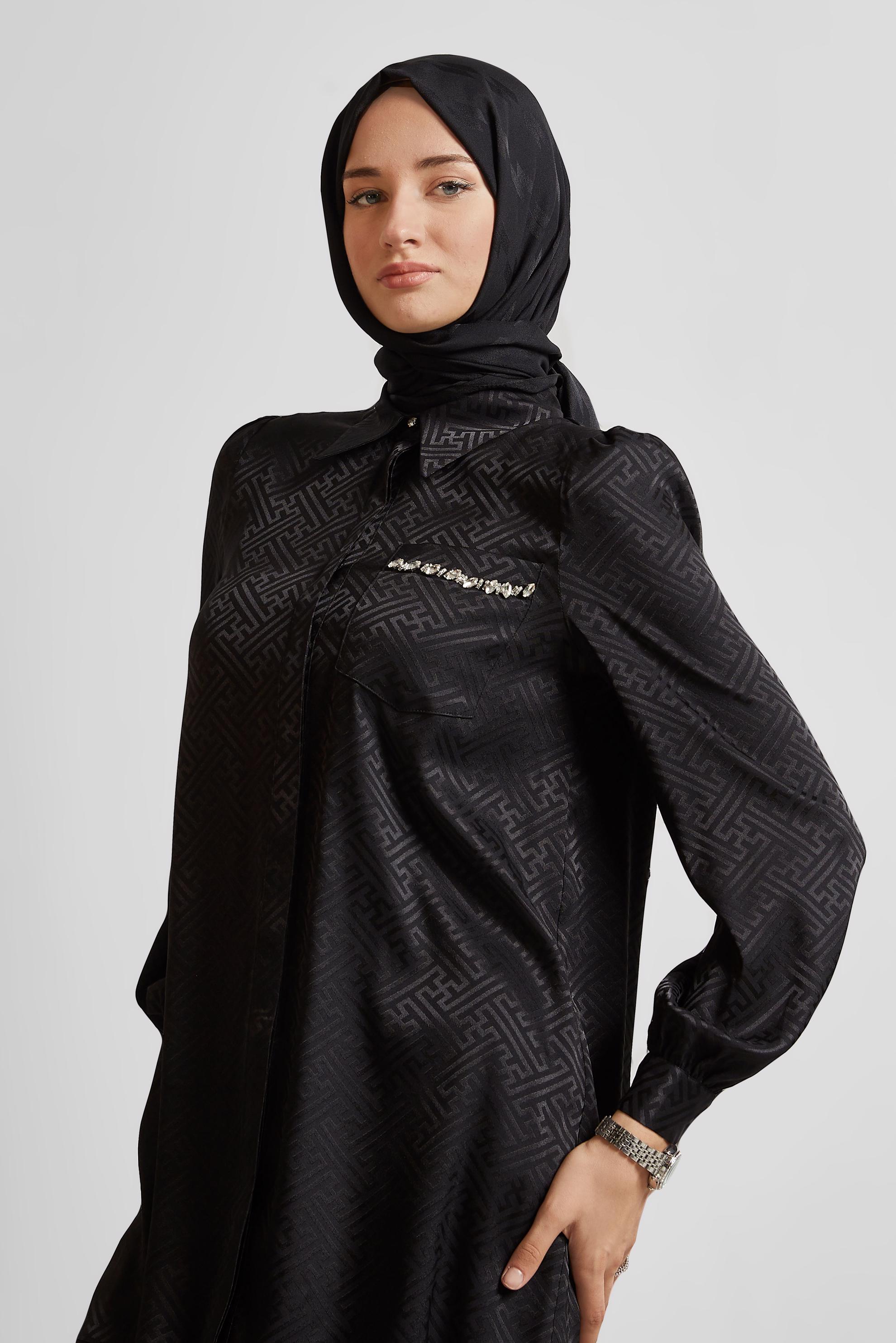 Tesettür giyim SİYAH SATEN JAKAR TUNİK 45724