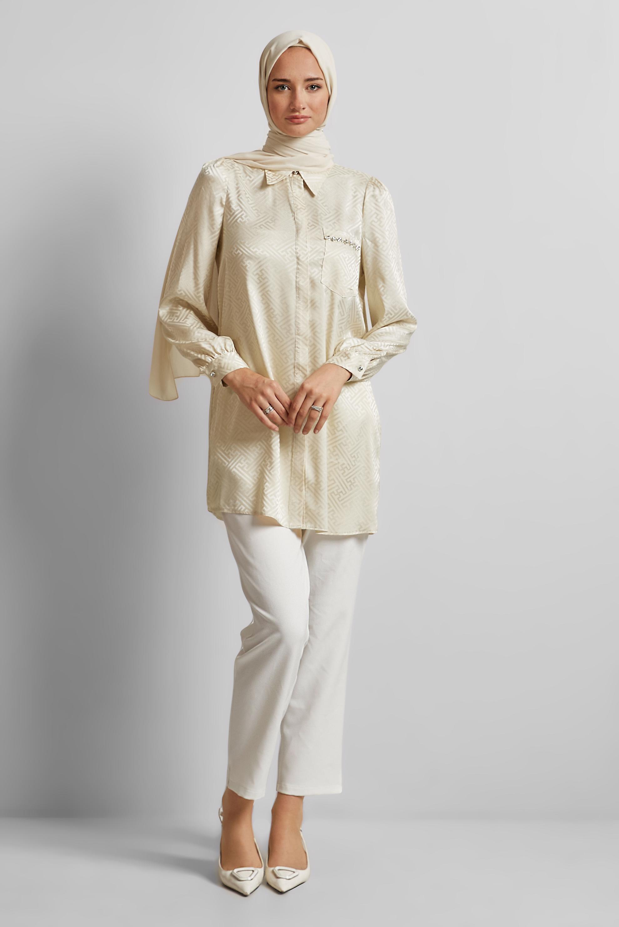 Tesettür giyim BEJ SATEN JAKAR TUNİK 45724