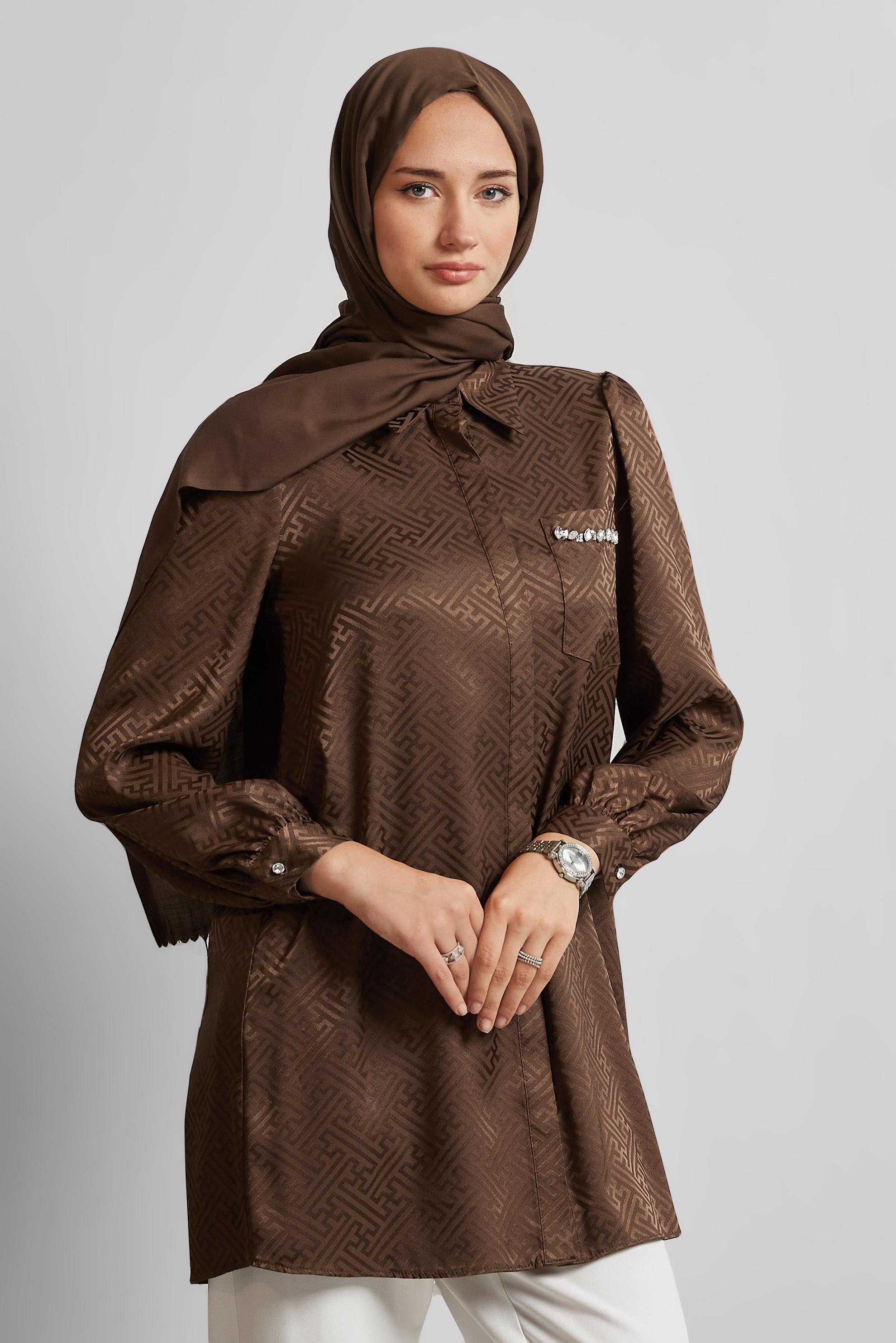 Tesettür giyim KAHVE SATEN JAKAR TUNİK 45724