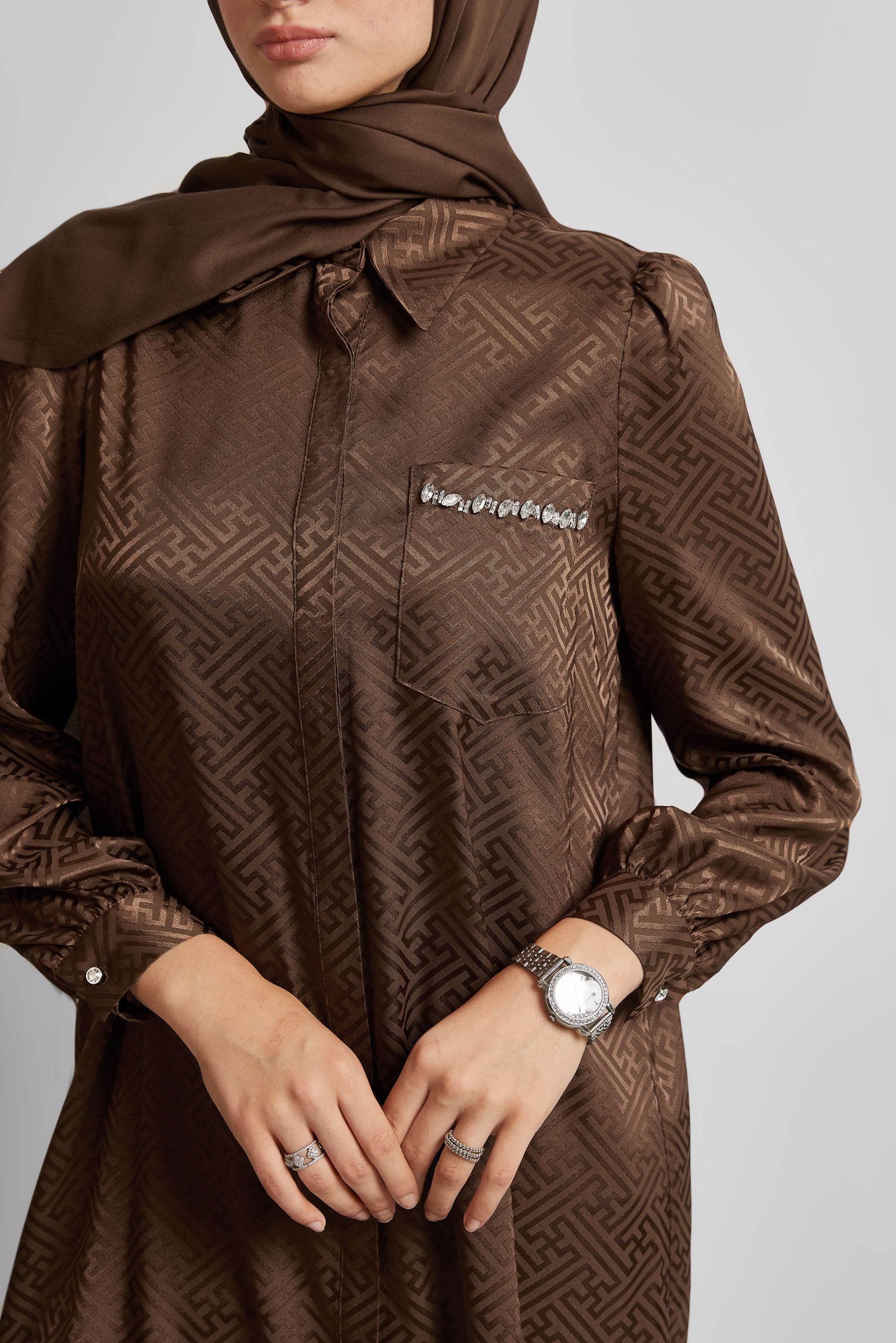 Tesettür giyim KAHVE SATEN JAKAR TUNİK 45724