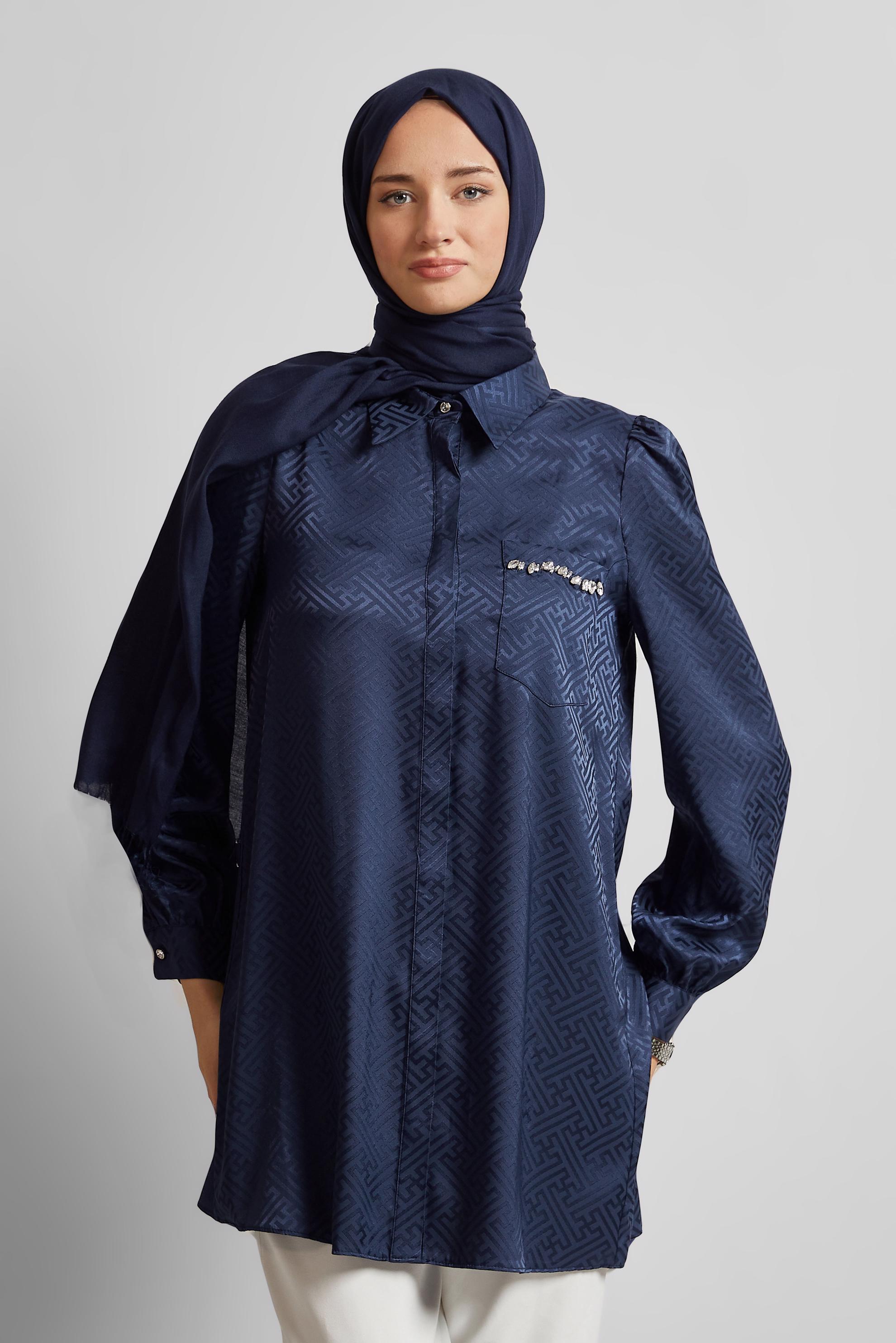 Tesettür giyim LACİVERT SATEN JAKAR TUNİK 45724
