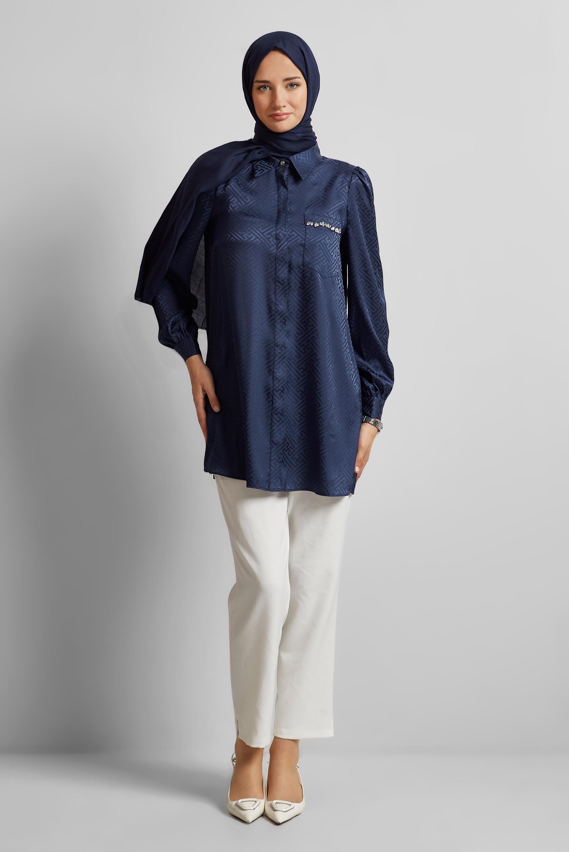 Tesettür giyim LACİVERT SATEN JAKAR TUNİK 45724