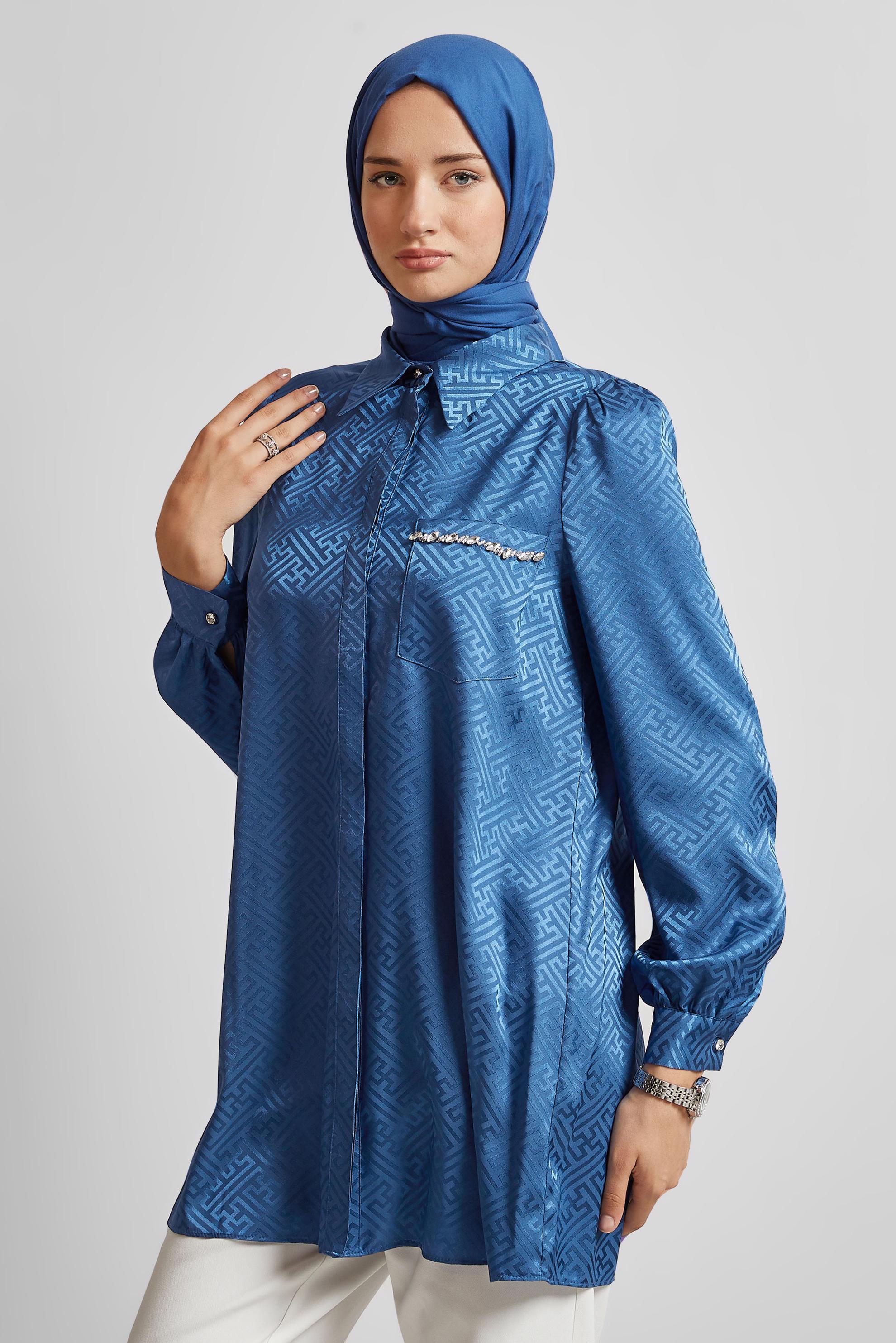 Tesettür giyim LACİVERT SATEN JAKAR TUNİK 45724