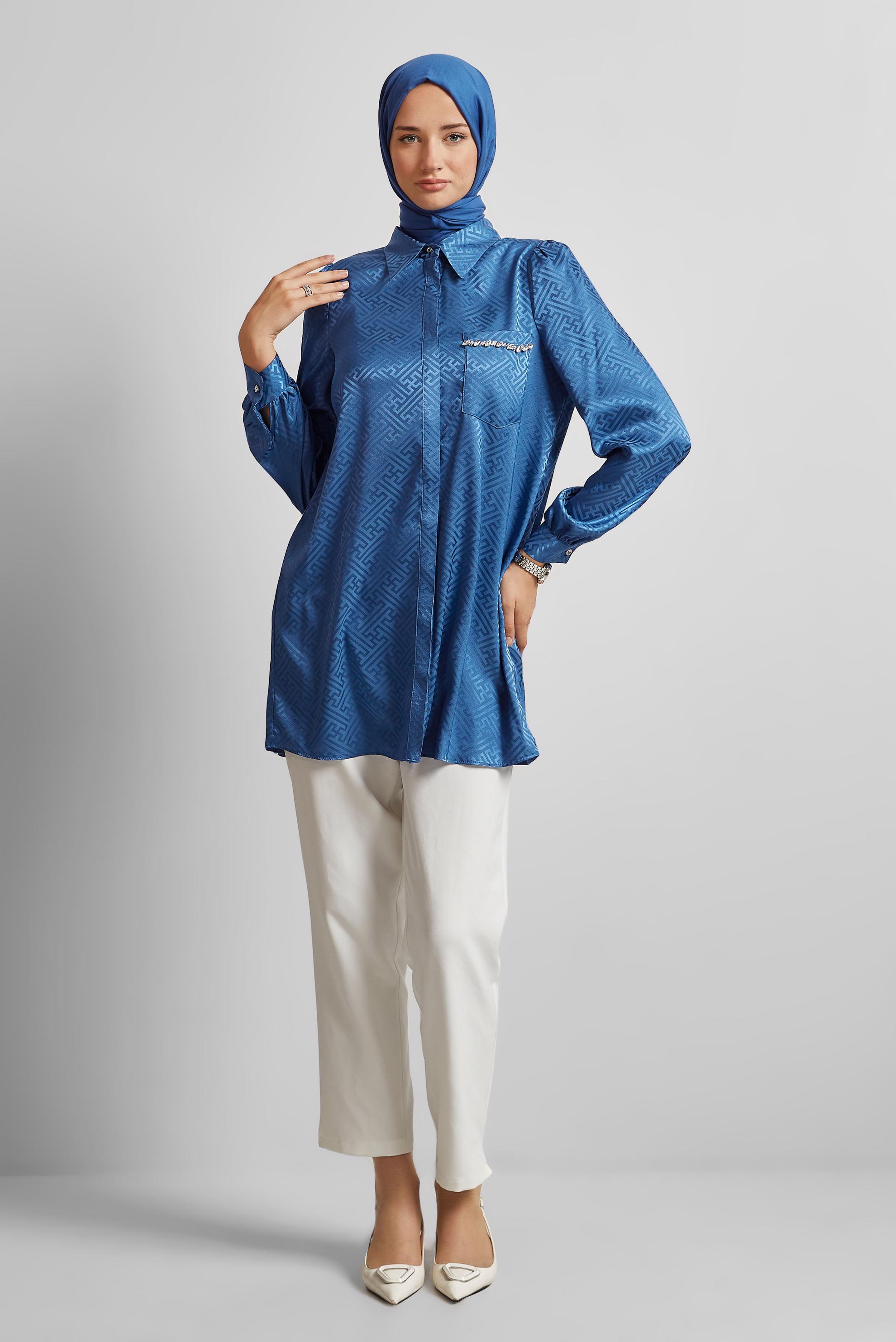 Tesettür giyim LACİVERT SATEN JAKAR TUNİK 45724