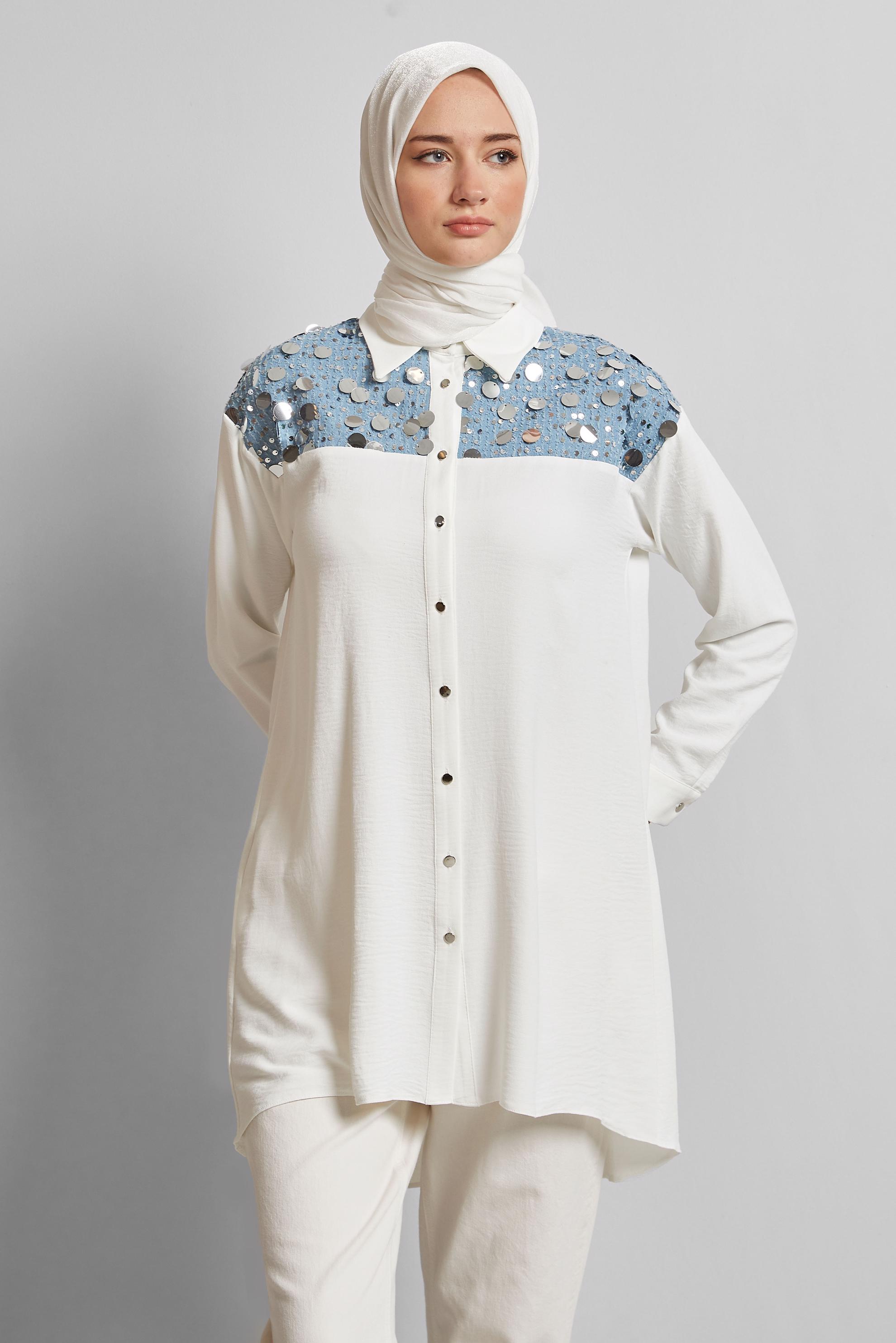 Tesettür giyim BEYAZ PUL DETAYLI TUNİK 45732