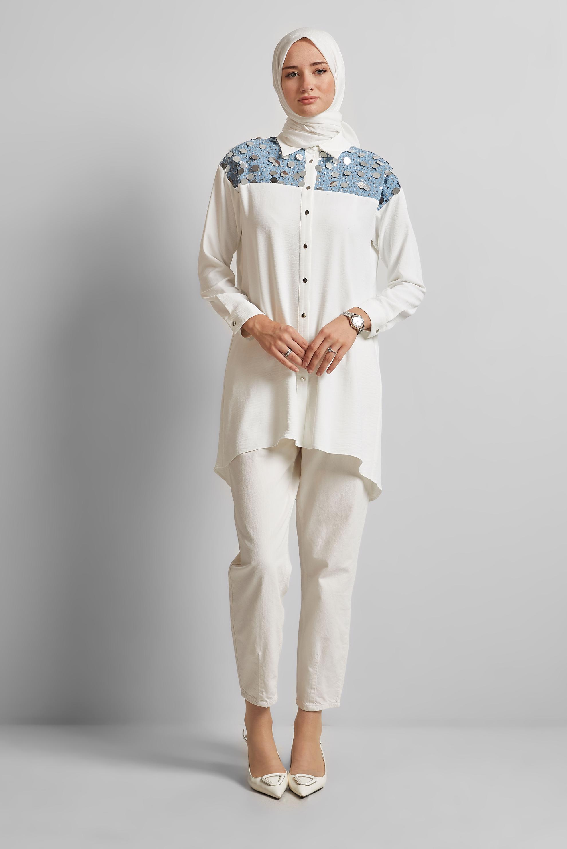 Tesettür giyim BEYAZ PUL DETAYLI TUNİK 45732