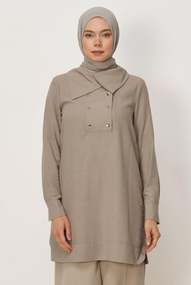 Vêtements hijab BEIGE TUNIQUE DÉTAILLÉE À PRESSION 45733 - ALVİNA