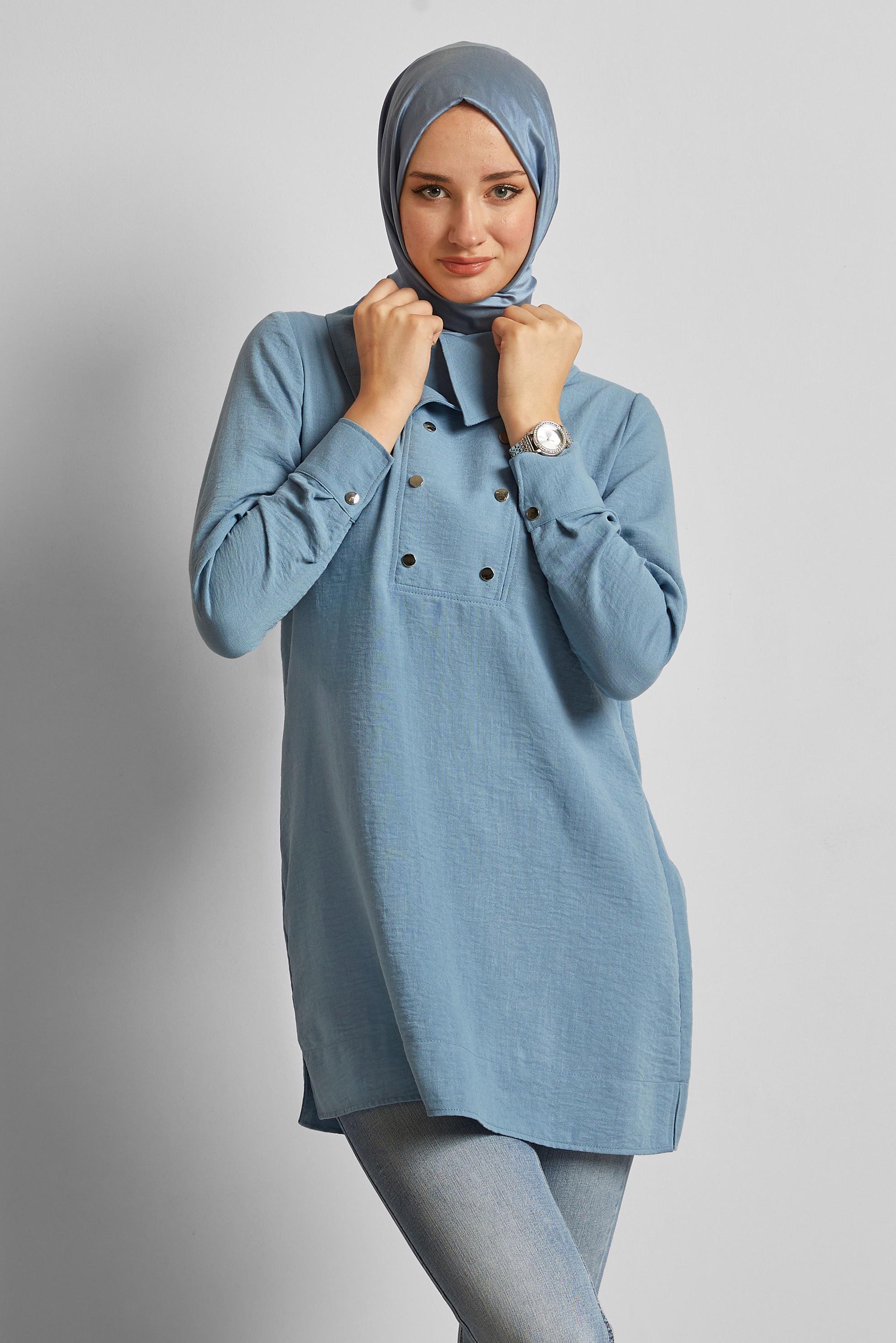 Tesettür giyim MAVİ ÇITÇIT DETAYLI TUNİK 45733