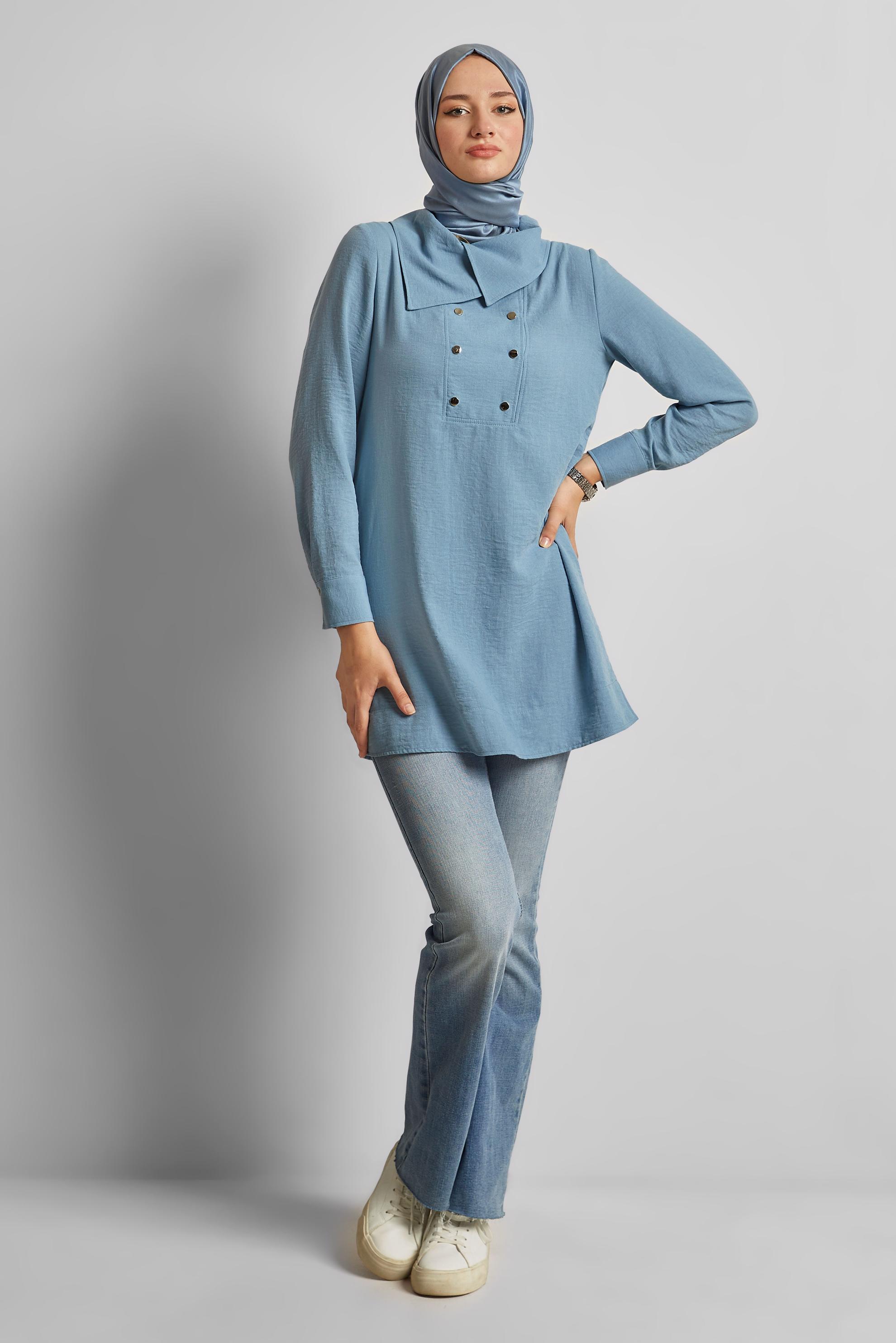 Tesettür giyim MAVİ ÇITÇIT DETAYLI TUNİK 45733